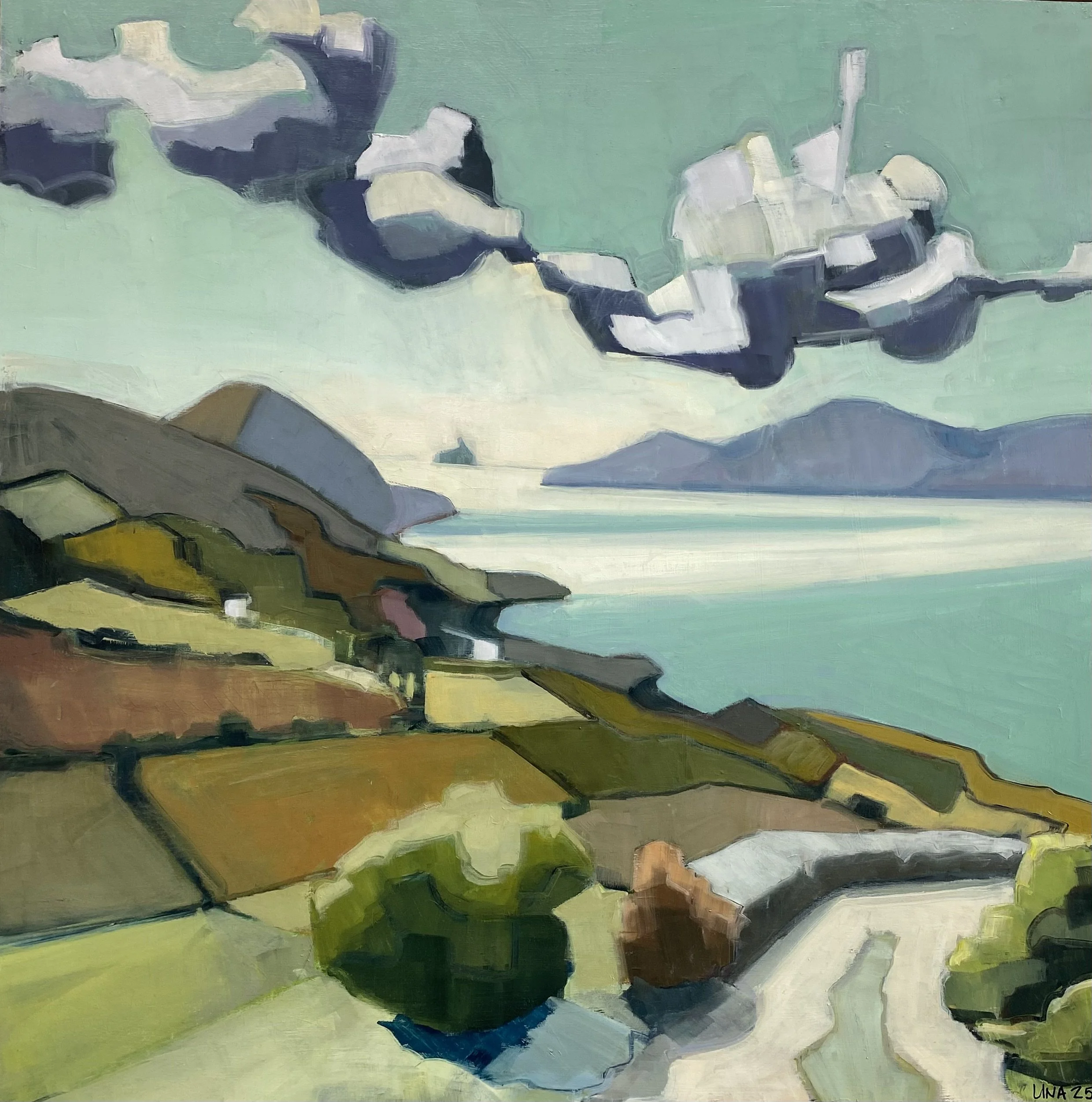 SKELLIG FROM LOHER, OIL ON PANEL 100CM X 100CM SOLD