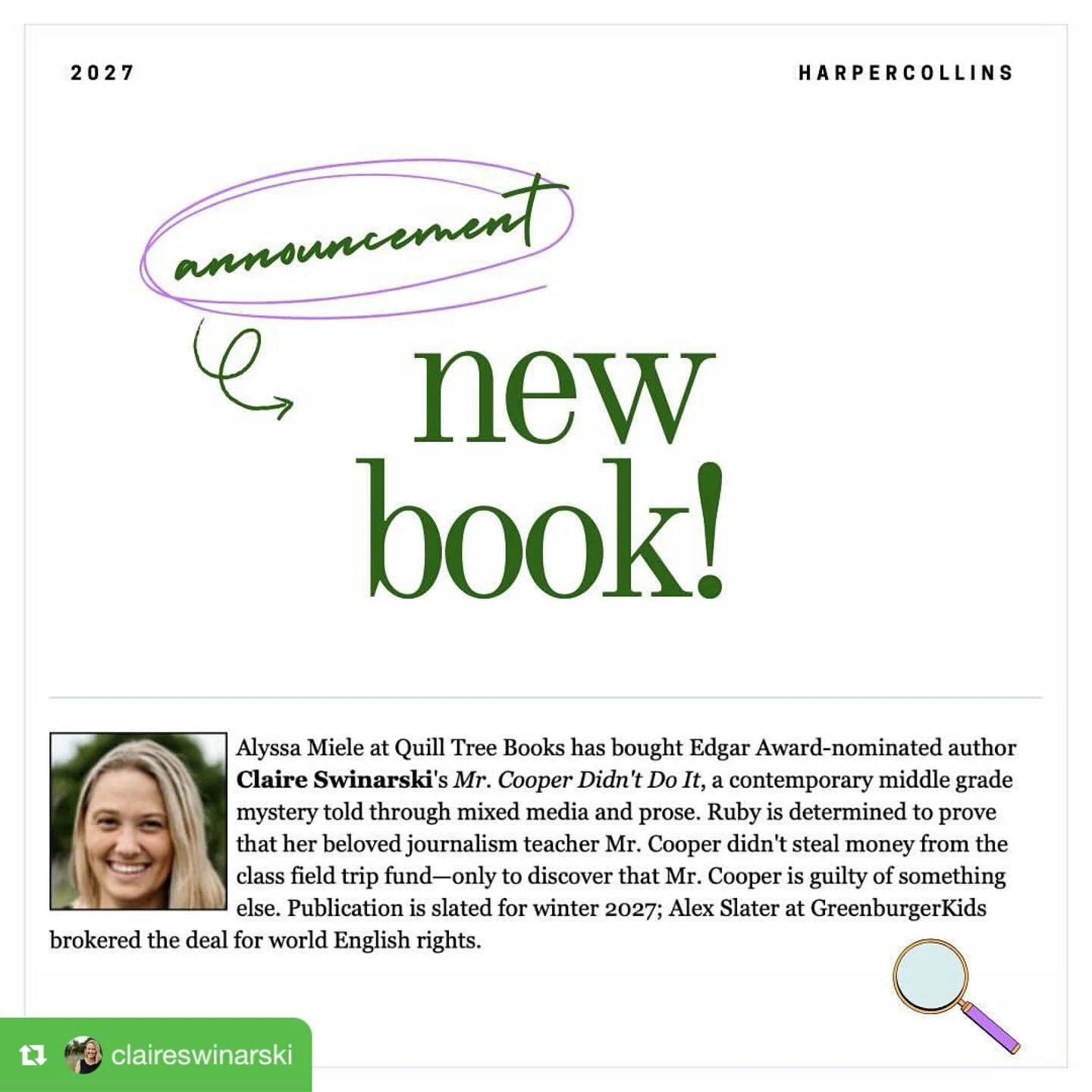 ‼️ new book incoming from @claireswinarski ‼️ woohoo! #repost original caption below!

Ruby knows one thing about the missing field trip money: Mr. Cooper didn&rsquo;t do it. What she *doesn&rsquo;t* know is that nothing at St. Catherine&rsquo;s is w