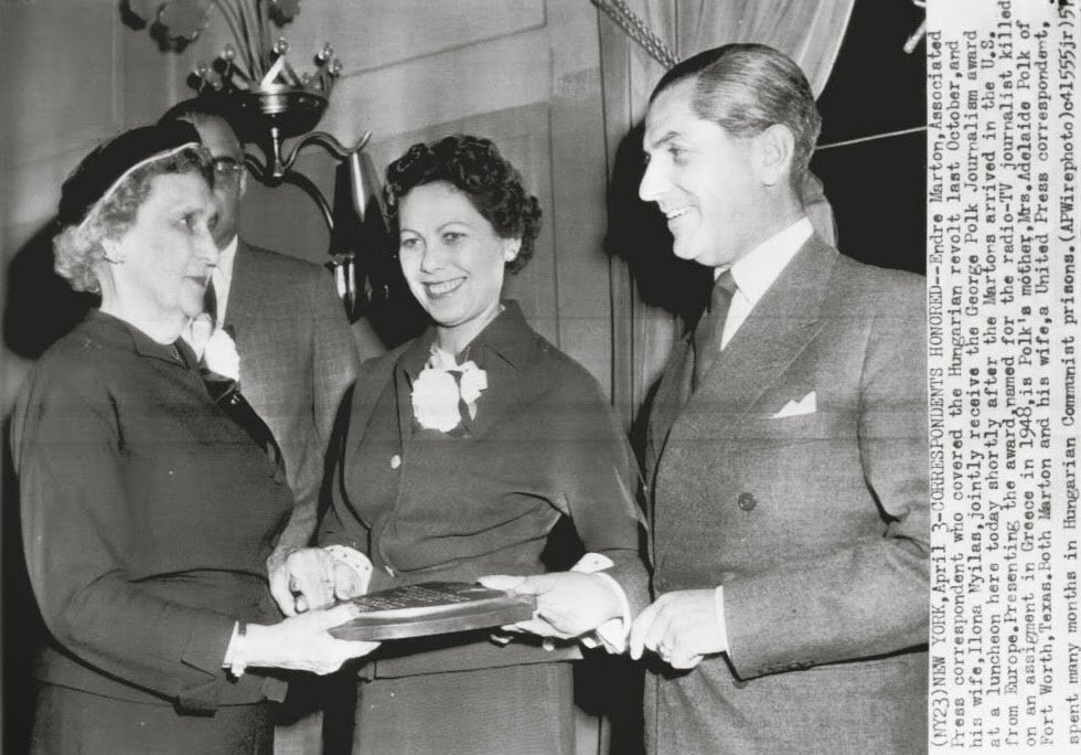 [Endre and Ilana Marton, right and center, receive the George Polk Journalism award for their work covering the Hungarian revolt shortly after arriving in the U.S. in 1957]