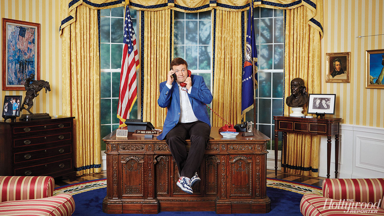[Frank shows off the replica Oval Office he built in his home to the  Hollywood Reporter .]