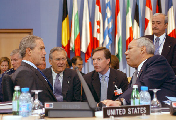 President Bush, Defense Secretary Rumsfeld, Representative to NATO Burns, and Secretary Powell at the North Atlantic Council meeting in Istanbul.