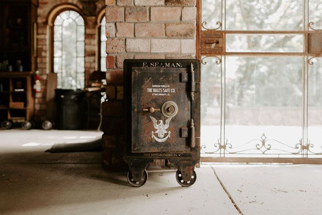 Vintage metal rustic safe at Triple S Ranch in Calistoga, California