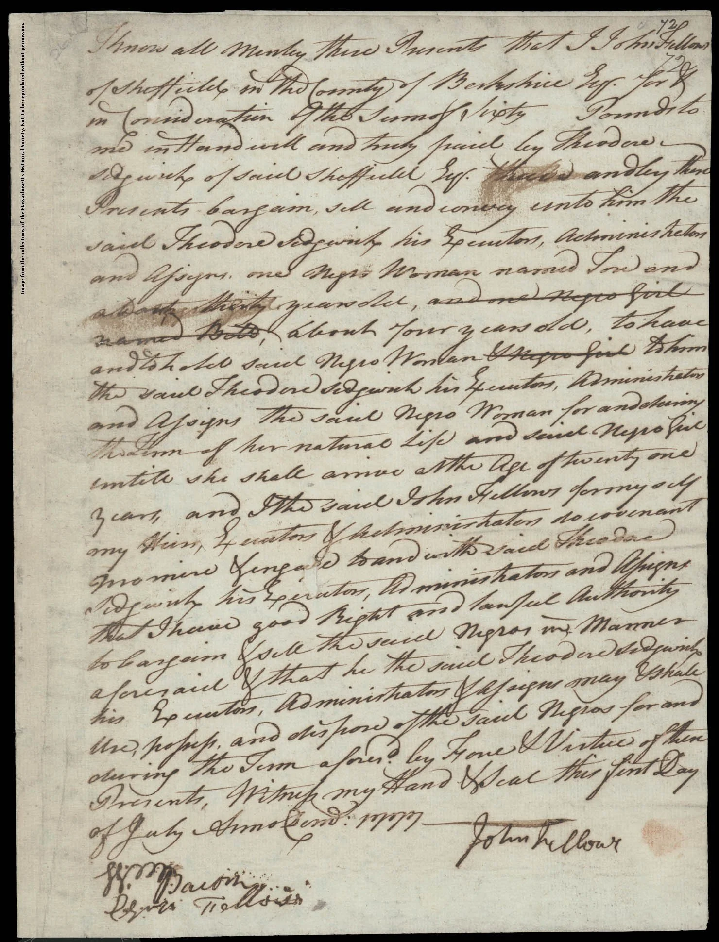 Scan of a historical bill of sale showing Theodore Sedgwick's purchase of an enslaved woman named Ton.