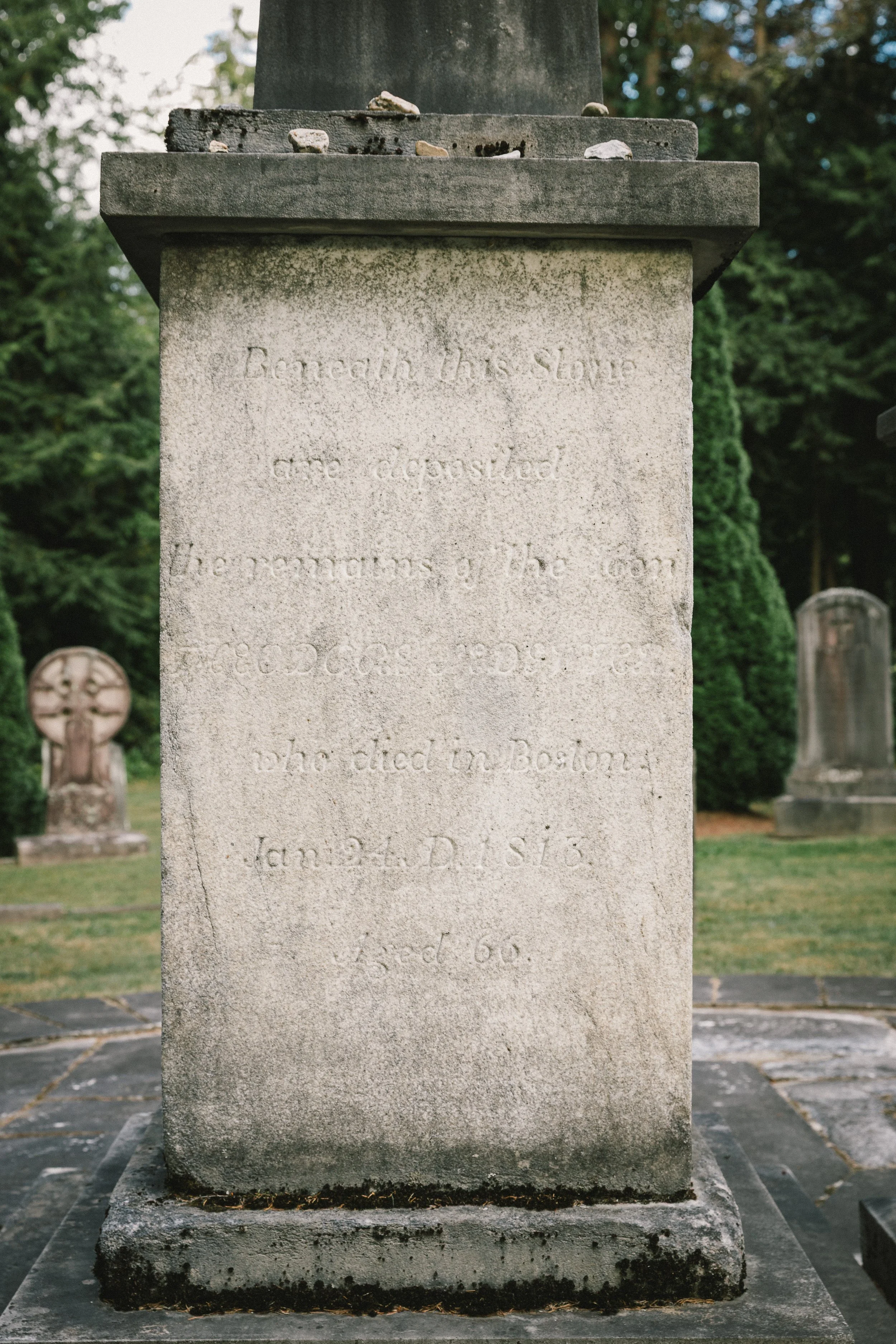 Theodore Sedgwick's grave marker and engraved epitaph in the historic Sedgwick Pie family burial plot, Stockbridge, Massachusetts.