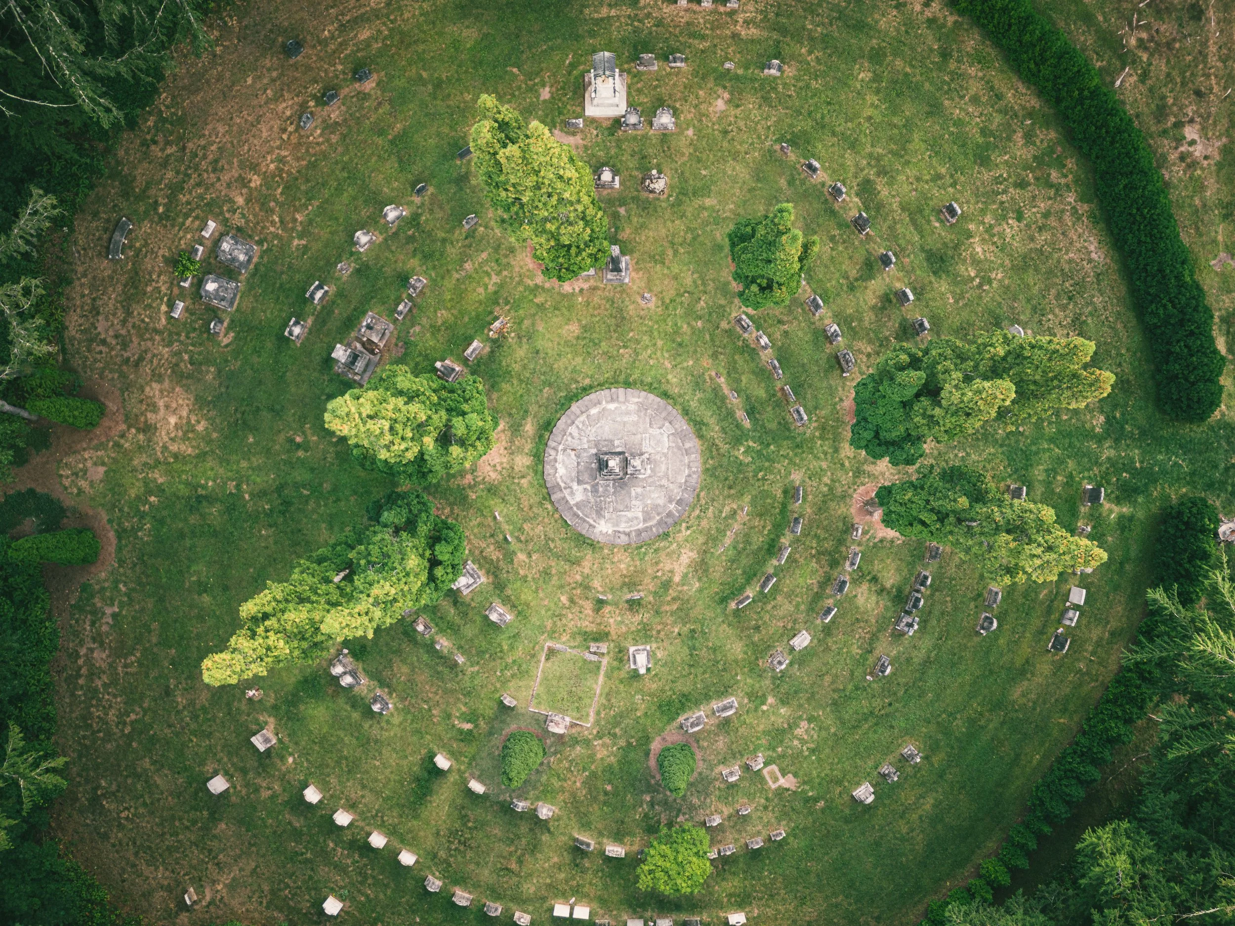 Aerial photograph of the historic Sedgwick Pie burial plot in Stockbridge, Massachusetts, revealing its unique circular grave arrangement.
