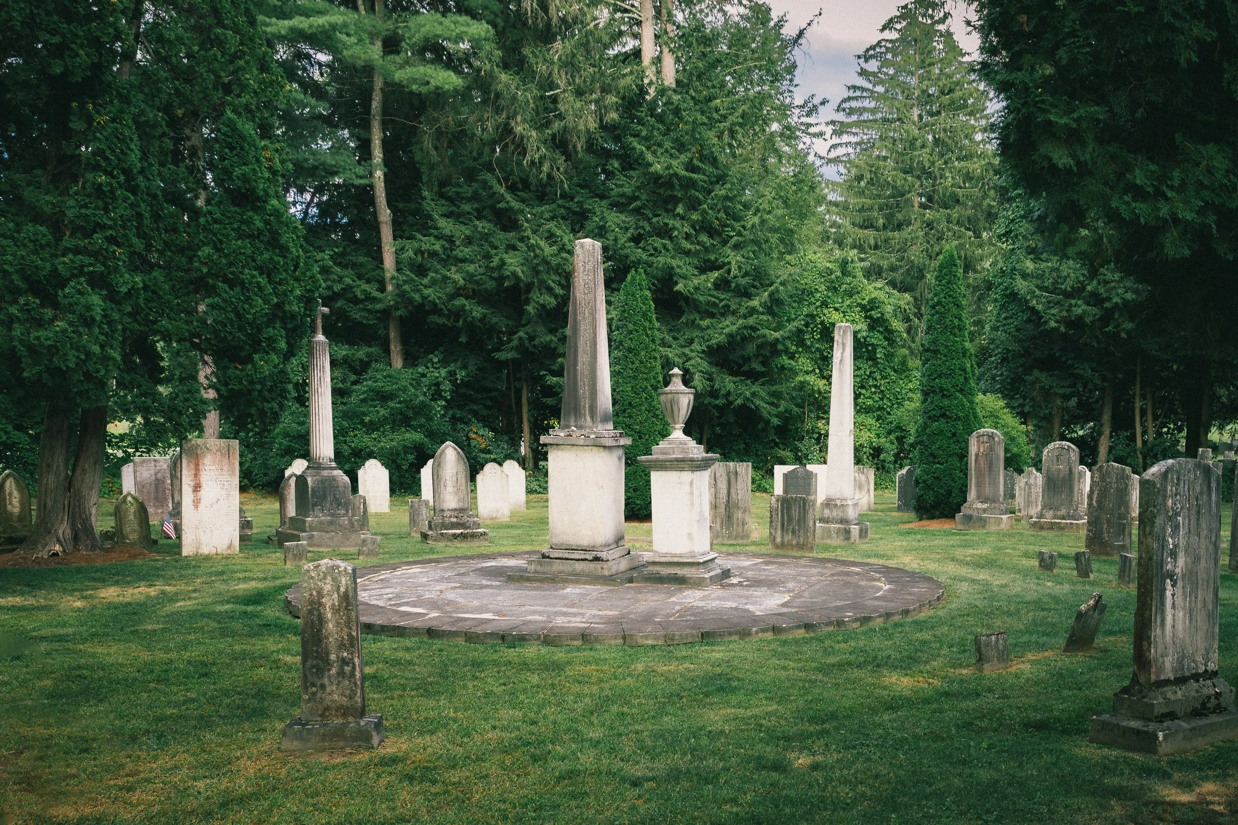A photograph looking toward the center of the Sedgwick Pie, where generations of the Sedgwick family are buried in concentric circles.