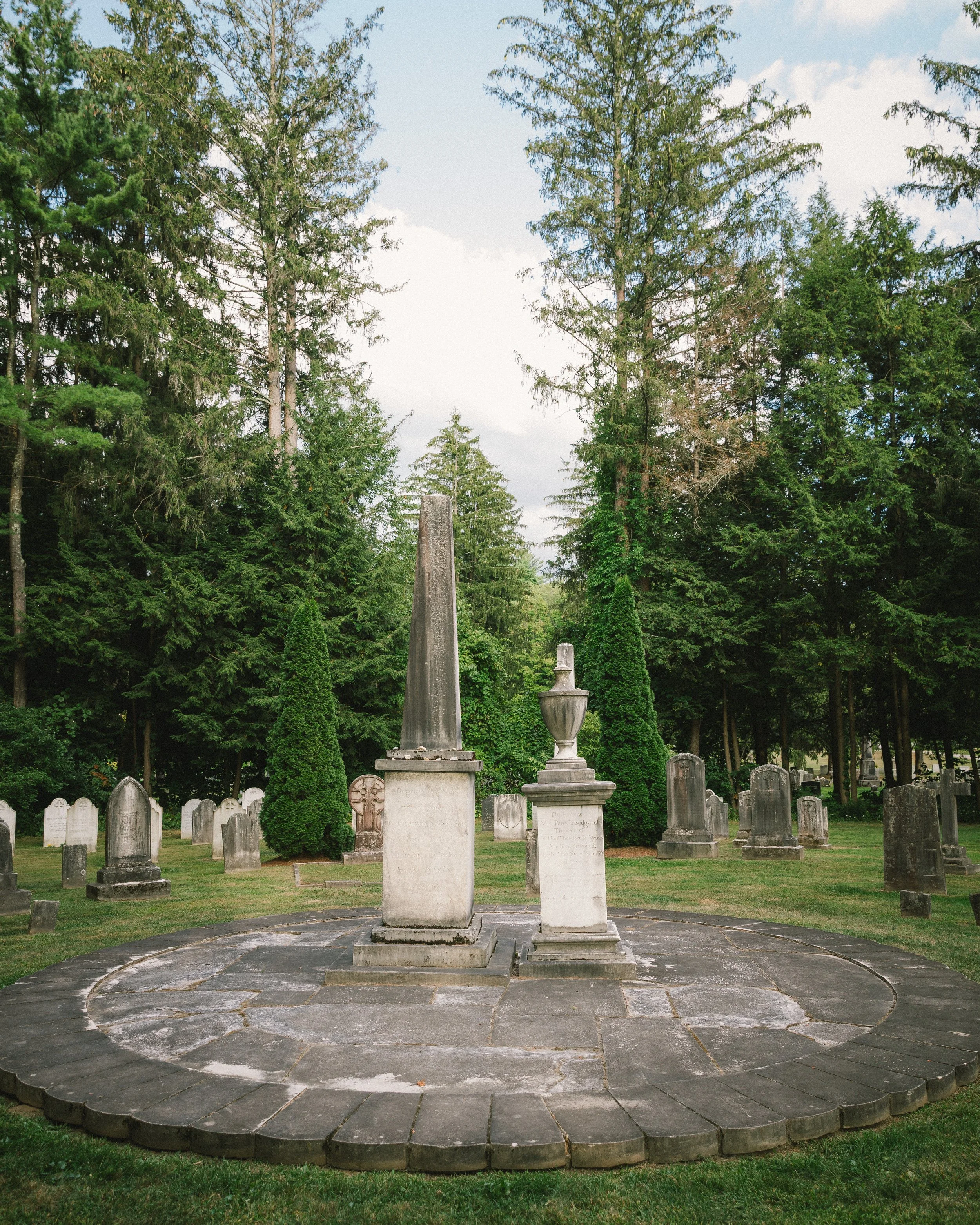 The monuments marking the graves of Theodore Sedgwick and Pamela Dwight Sedgwick at the center of the Sedgwick Pie in Stockbridge, Massachusetts.