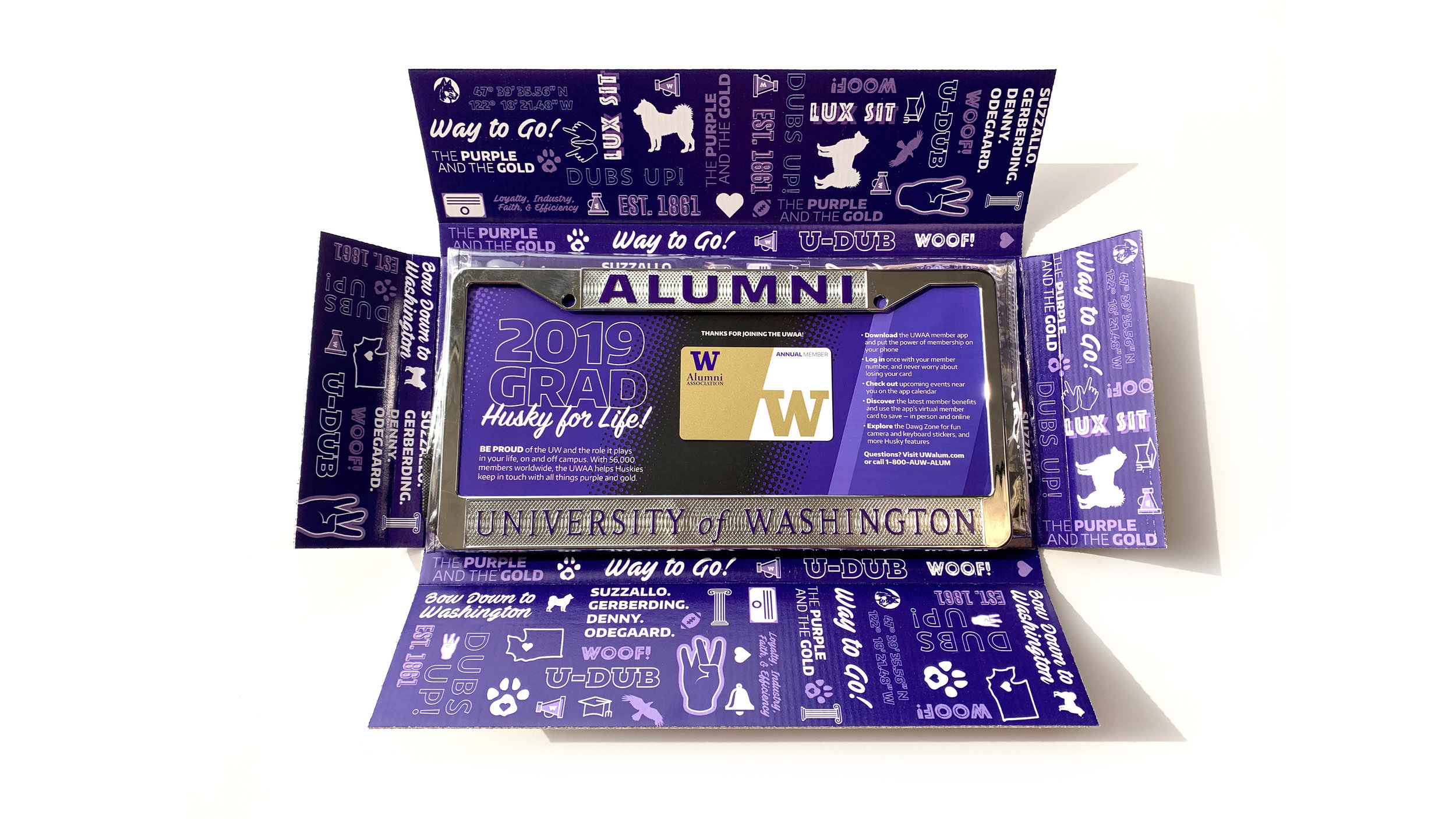 Inside box wallpaper design of icons and phrases relevant to a new graduate was created to add to the excitement when opening this gift box.