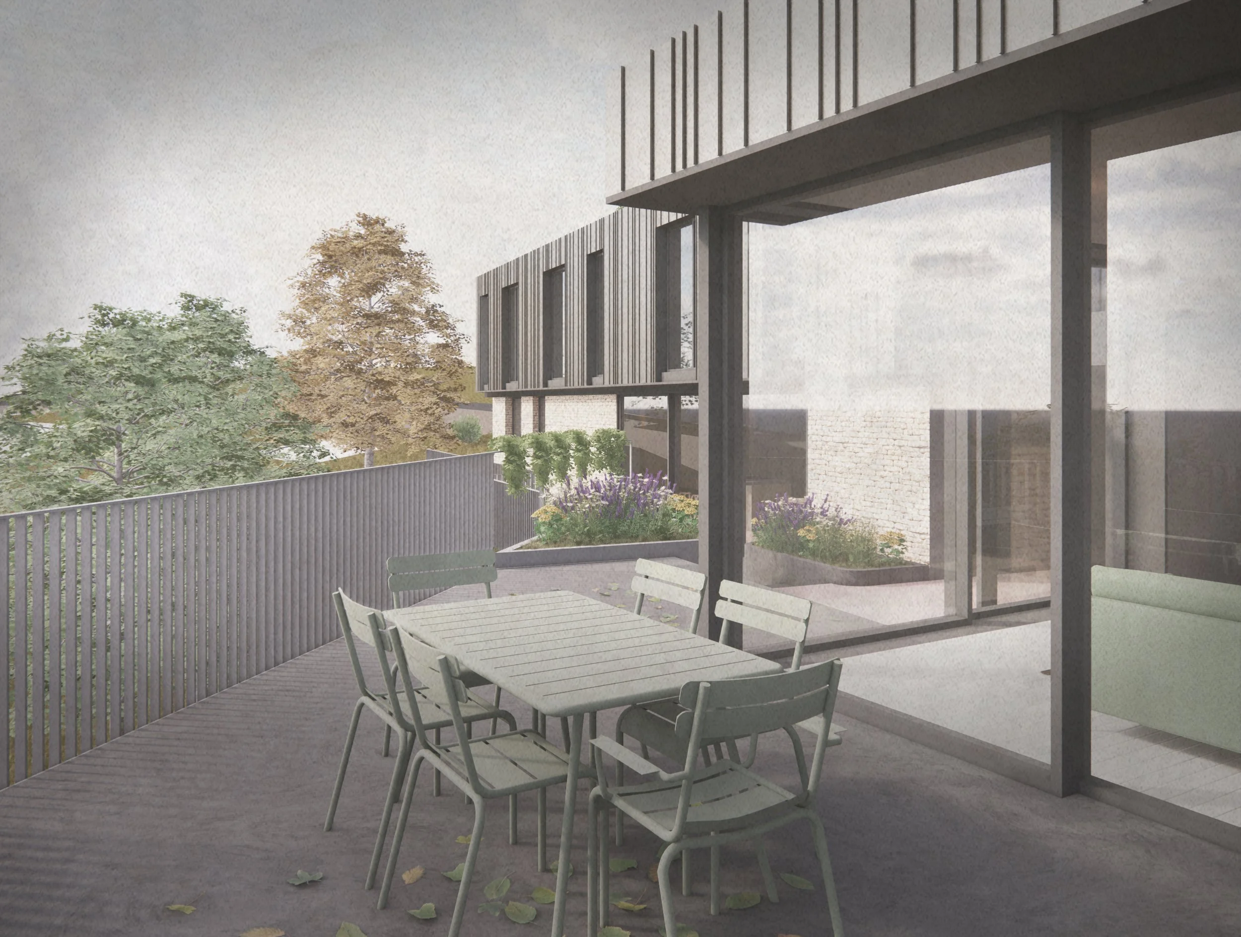 Rendered visualisation of the East entrance terrace with outdoor seating. Contemporary house to the right, with large areas of glazing, rubble ashlar stone and dark stained vertical timber cladding.