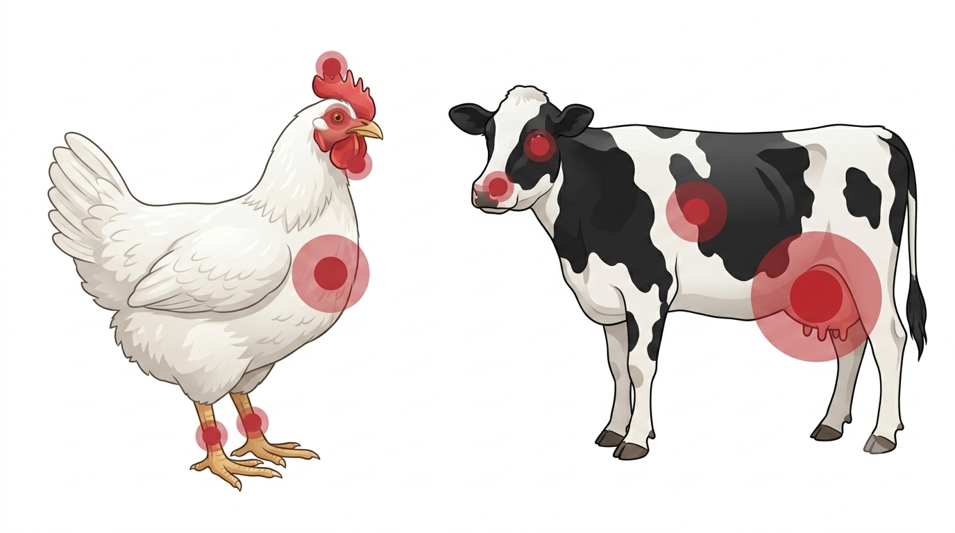 Diagram showing H5N1 targeting mammary tissue in dairy cows rather than the lungs.