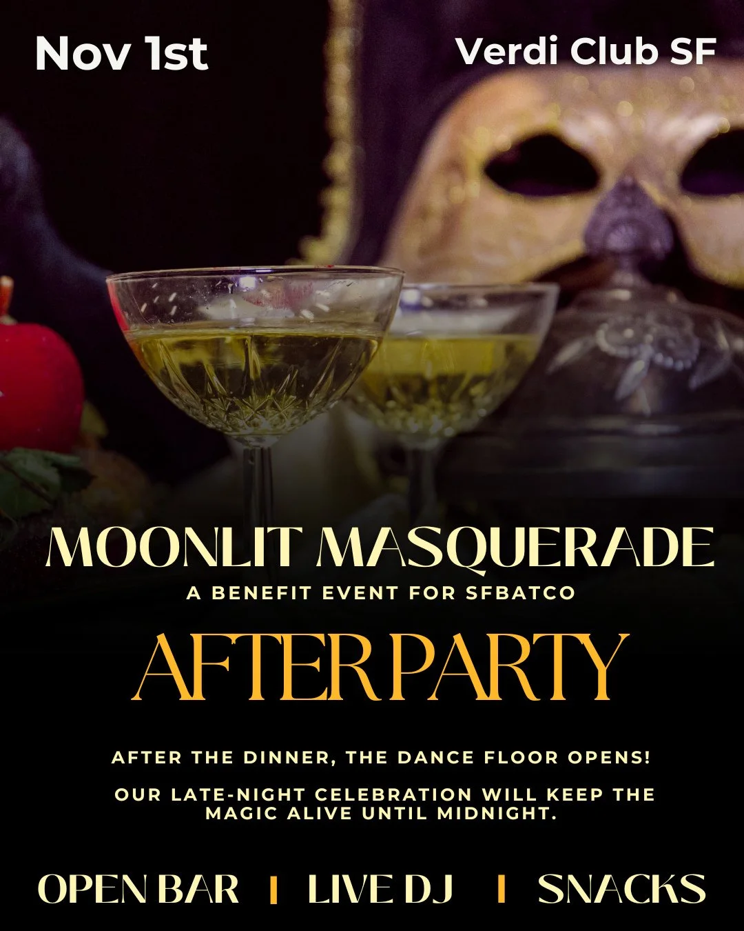Once the dinner and performances end, the dance floor opens! Our late-night celebration will keep the magic and the mischief alive until midnight.⁠
⁠
After Party Only tickets include:⁠
-Entry to the Moonlit Masquerade dance party beginning at 9:30 PM