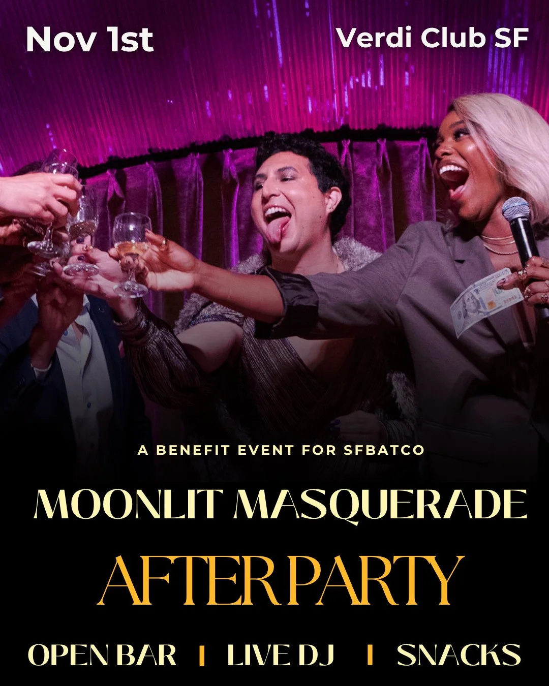 Join SFBATCO for an unforgettable after-party following our Moonlit Masquerade gala!⁠
⁠
For just $75, enjoy an open bar, complimentary late-night bites, a live DJ, and dancing into the night with fellow artists, supporters, and changemakers.⁠
⁠
Your 