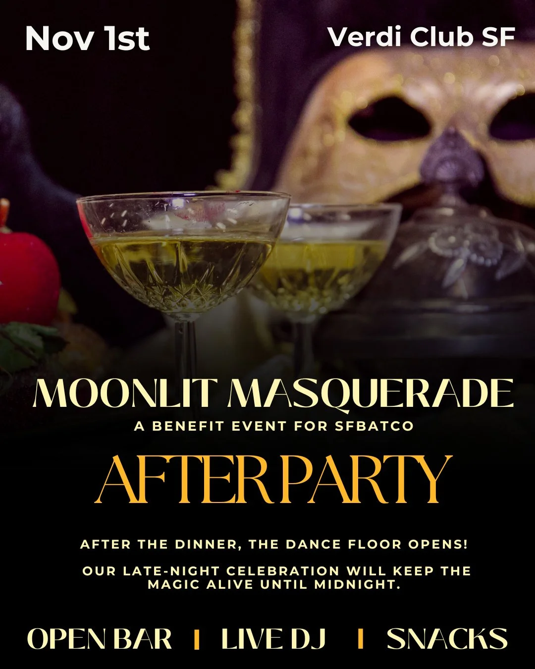 Still craving spooky fun? Join us on November 1 for our Moonlight Masquerade After Party! ⁠
⁠
For just $75, enjoy an open bar, complimentary late-night bites, a live DJ, and dancing into the night-don&rsquo;t miss out! 👻✨