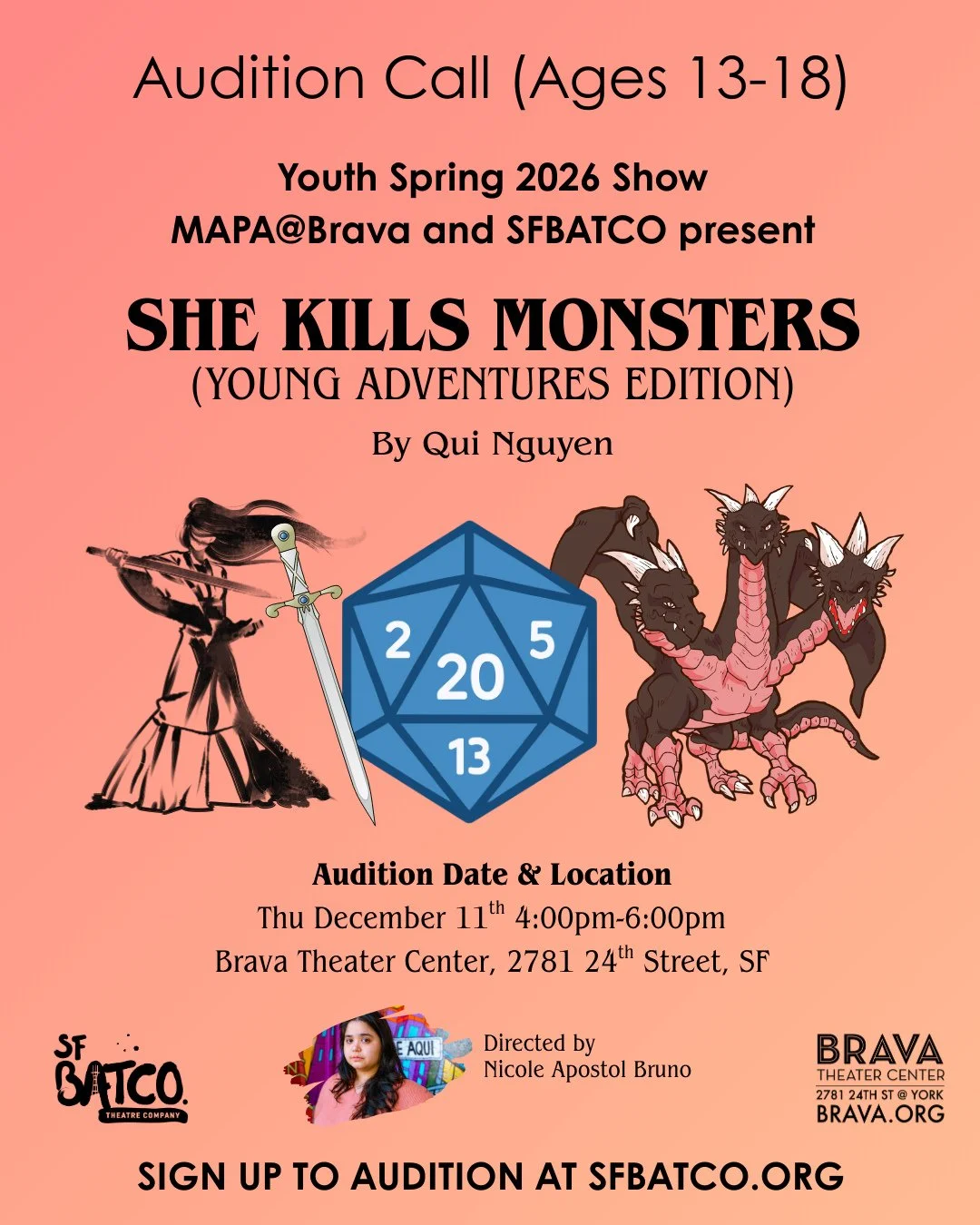 Section Description: Calling all teen performers ages 13-18! Auditions for our Spring 2026 Young Actors Lab production of She Kills Monsters (Young Adventures Edition) are happening next Thursday, December 11 from 4&ndash;6pm.⁠
⁠
Click the link in ou
