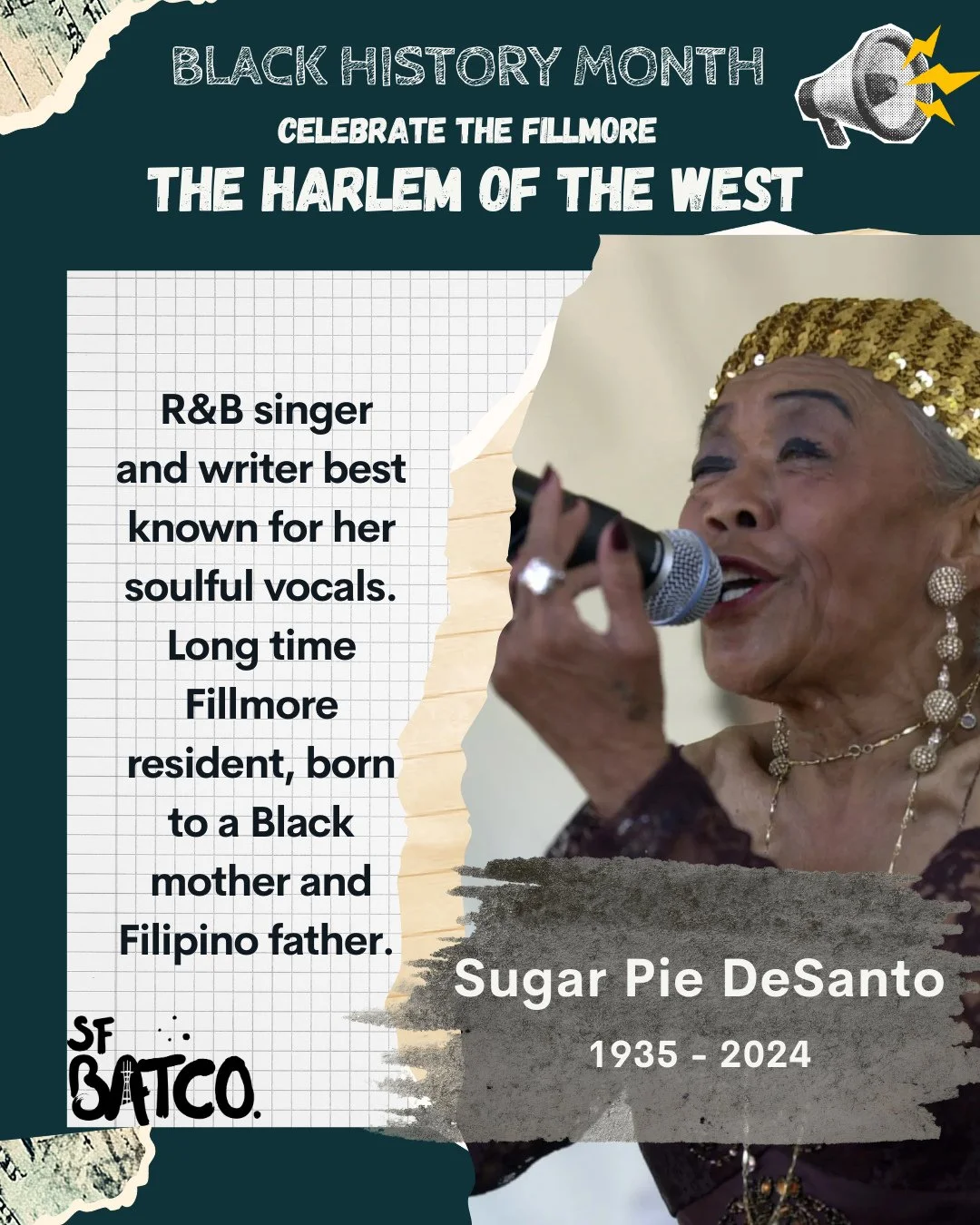 Born Peylia Marsema Balinton, Sugar Pie DeSanto (1935 - 2024) moved to San Francisco&rsquo;s Fillmore District as a child. Her soulful voice and lively performance style was paramount in shaping the sound of R&amp;B, Rock and Roll, and Soul. DeSanto 