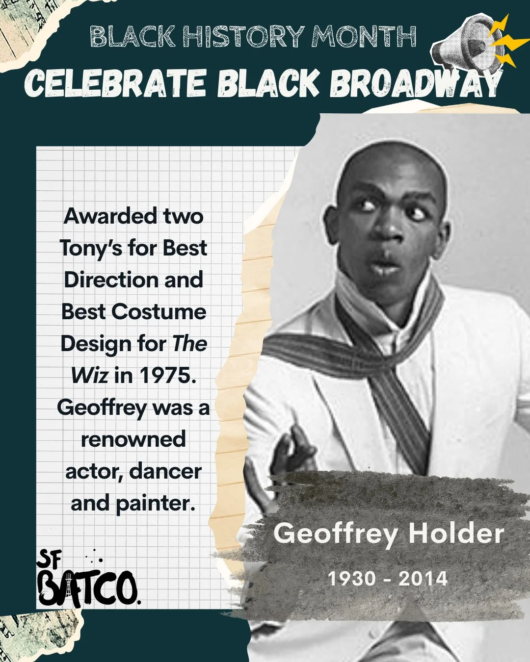 🌟Black History Month Spotlight🌟⁠
⁠
🌟 Geoffrey Holder (1930-2014) was a renowned actor, choreographer, designer, director , and painter who was a true pioneer for Black Broadway. The definition of a renaissance man, Holder won two Tony Awards for h