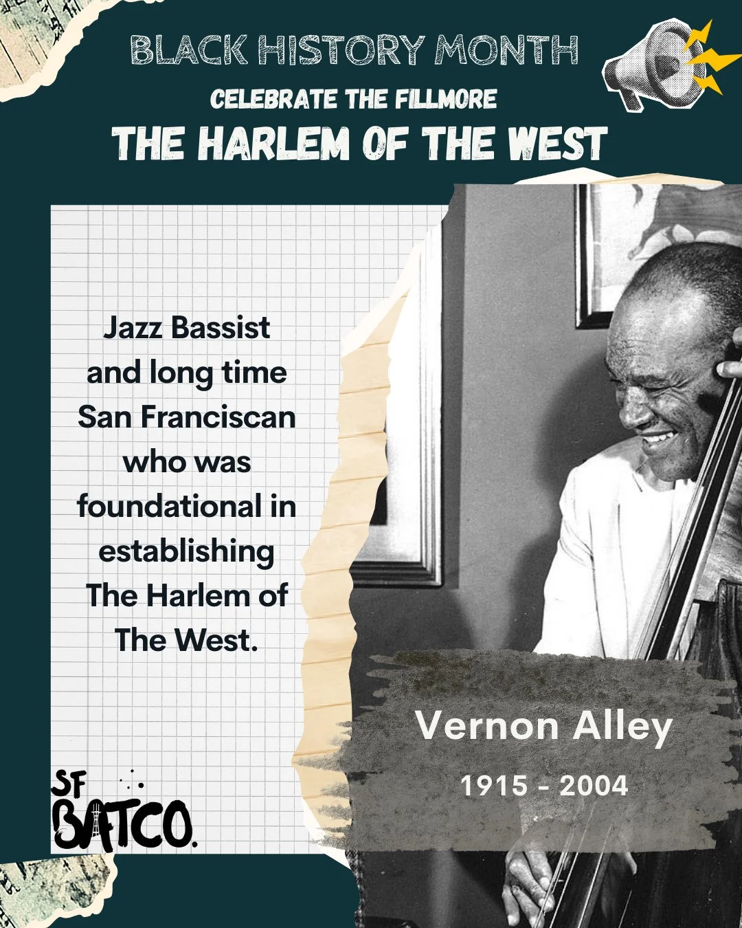 Vernon Alley (1915 - 2004) was a Jazz Bassist and activist who was foundational in the cultivation of San Francisco as a Jazz capitol. Known as the "dean of San Francisco jazz," Alley lived and performed in the city for more than 60 years &