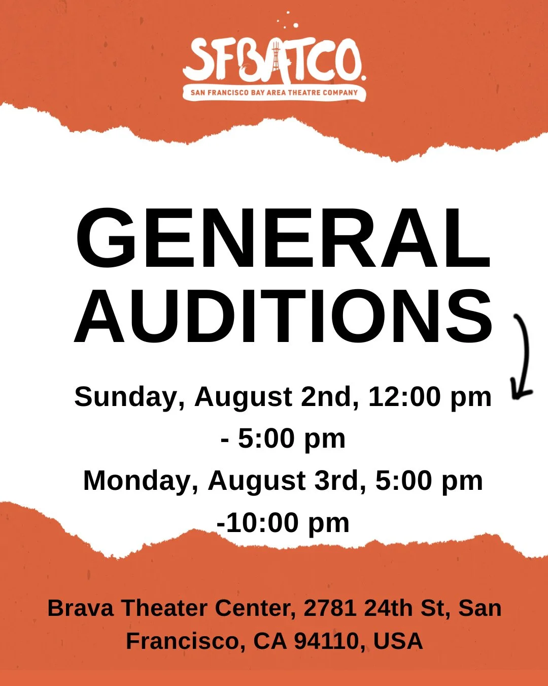 SFBATCO 2026 General Auditions! ⁠
⁠
SFBATCO is holding general auditions for selected works from our 2026 and 2027 season. Visit sfbatco.org/audition for more information. ⁠
⁠
EPA Auditions Date &amp; Time:⁠
Sunday, August 2nd*, 12:00 pm - 5:00 pm⁠
M