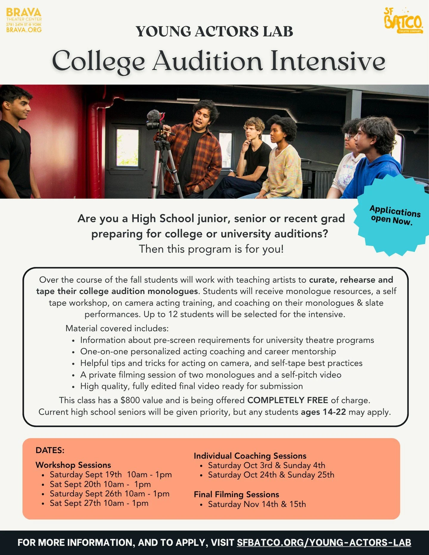 Calling all high school juniors and seniors! Are you applying to a college theatre program? Don&rsquo;t miss this free opportunity to prepare for your upcoming auditions. ⁠
⁠
This fall, a cohort of 12 High School Seniors will work with teaching artis