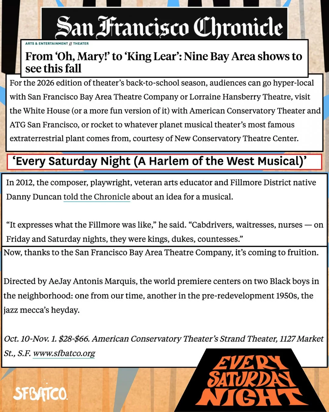 Every Saturday Night made it to @sfchronicle list of Nine Bay Area shows to see this fall!! ⁠
⁠
As we prepare for our first rehearsal, it has been so beautiful to see the excitement from our community. We understand how important and timely ESN is fo