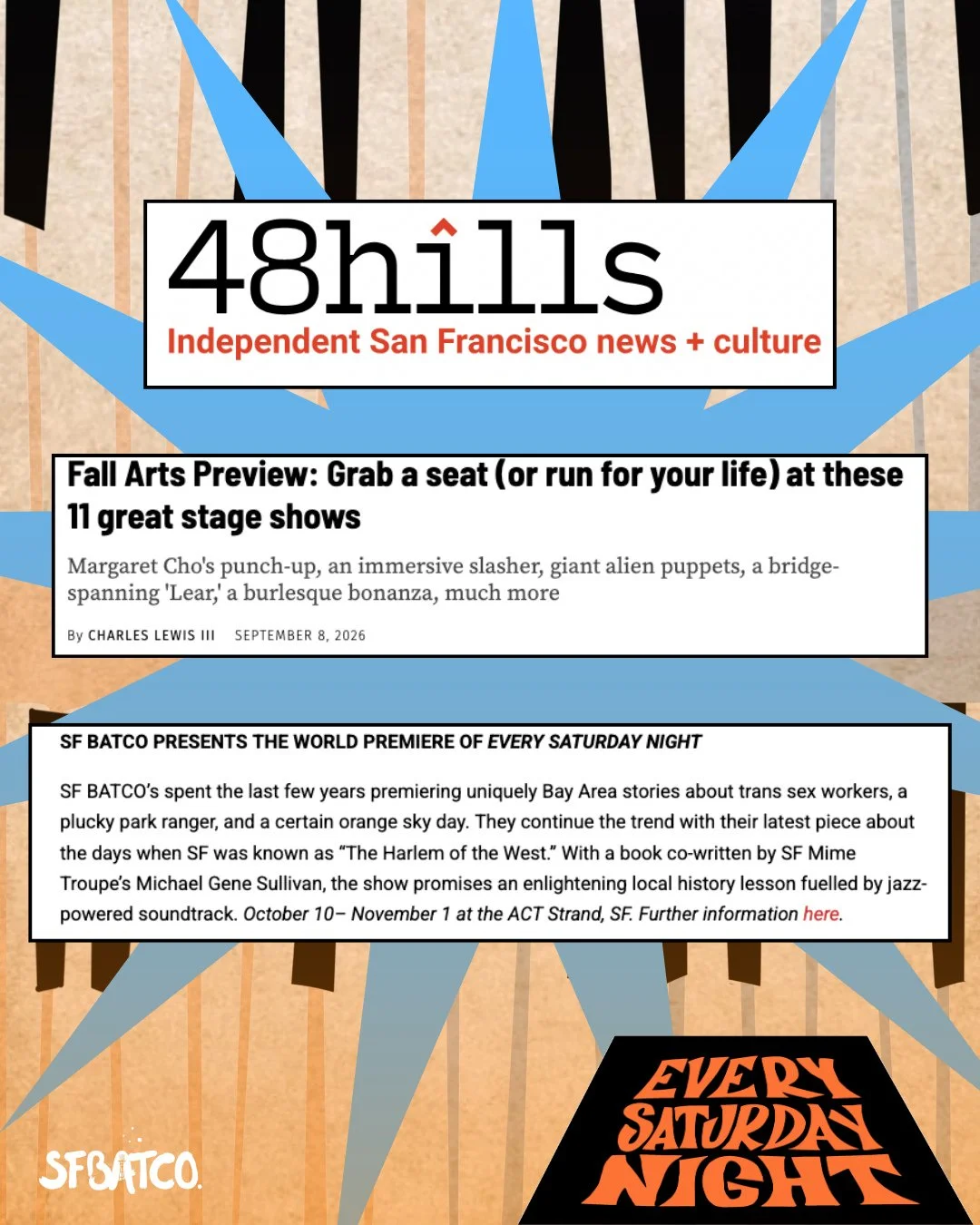 Every Saturday Night made it to 48 Hills&rsquo; Fall Arts Preview! Read the full feature now and grab your tickets to Every Saturday Night. ⁠
⁠
Previews begin October 10! See you there! ⁠
⁠
See all press and get tickets at the link in our bio!
