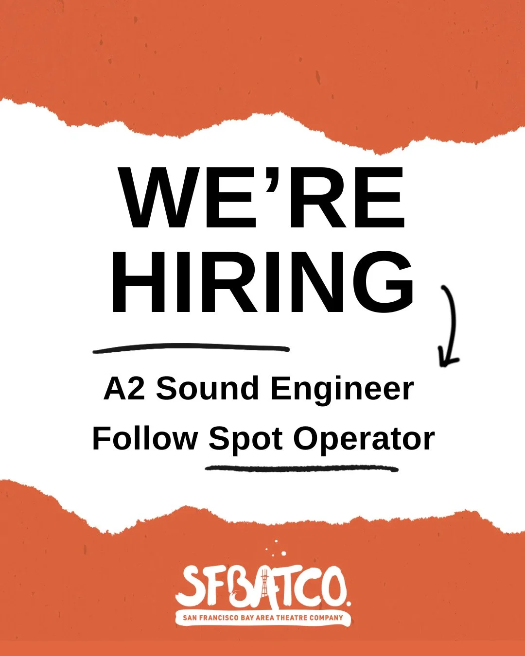 We're hiring 2 positions for the world premiere of Every Saturday Night! ⁠
⁠
To apply, please send your resume and any conflicts to production@sfbatco.org. See the link in our bio for the full job description. ⁠
⁠
- A2 Sound Engineer ⁠
RATE: $28/hr f