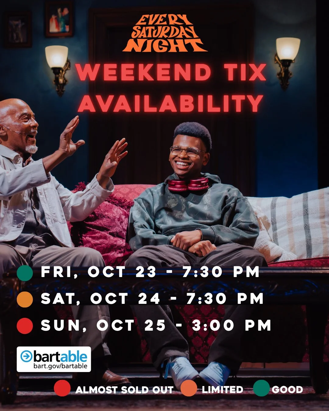 Thinking about seeing Every Saturday Night this weekend? We've got some dates that are filling up quick! Be sure to secure your tickets. ⁠
⁠
Every Saturday Night is #BARTable! We're right off the Civic Center stop. Come through and party with us this
