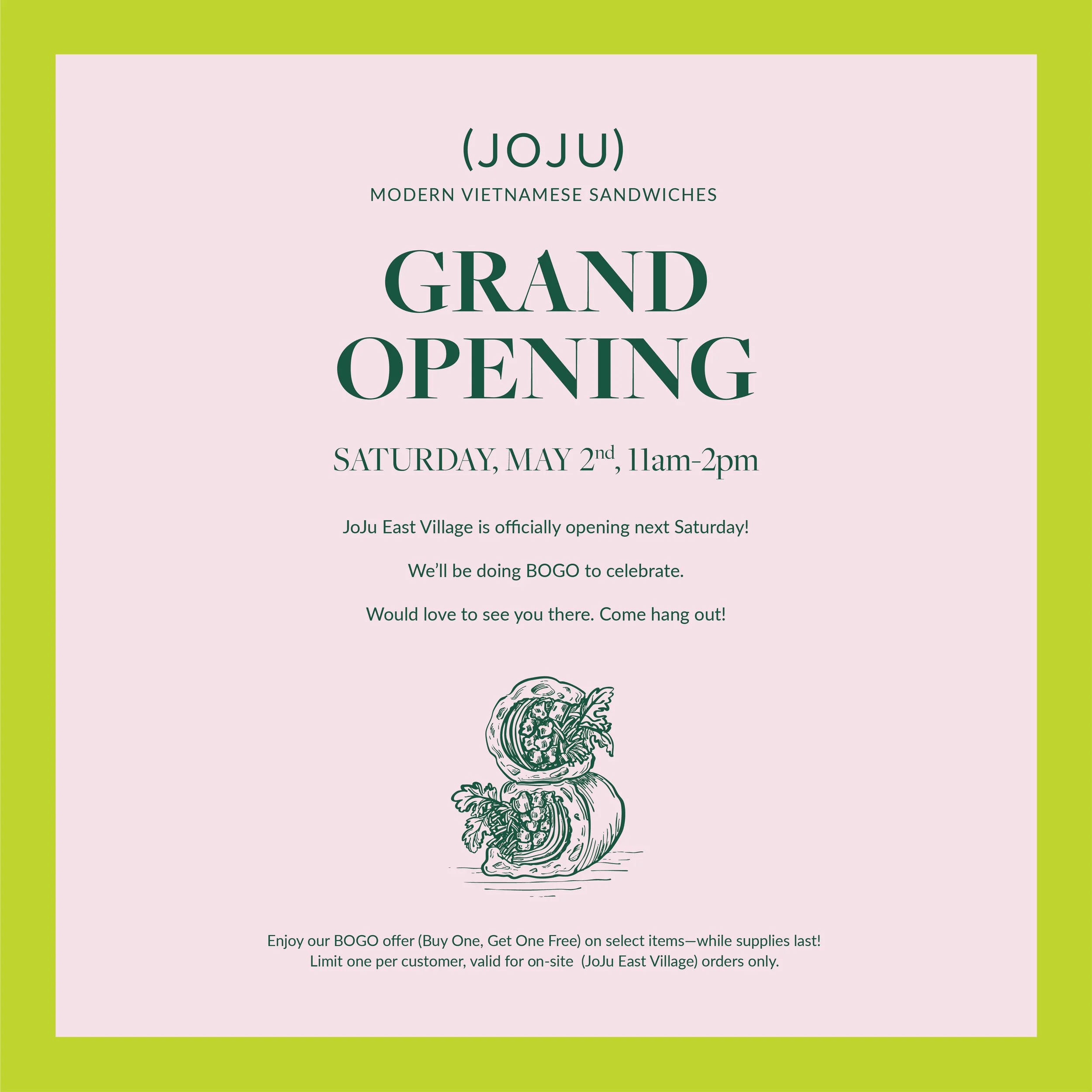 Grand Opening Announcement. Saturday May 2nd, 11am-2pm. BOGO.