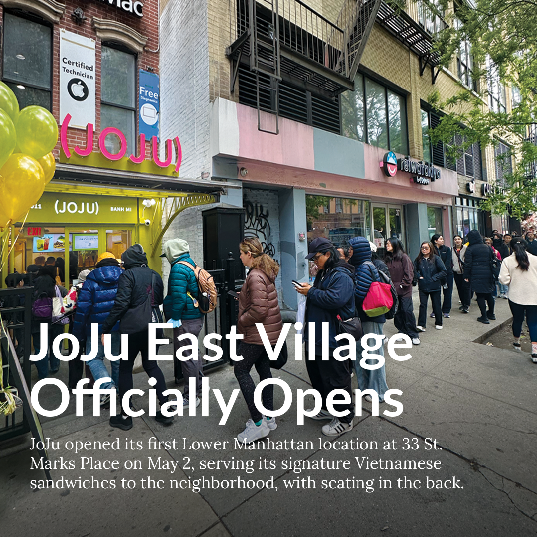 Crowd lined up outside JoJu's East Village storefront on St. Marks Place; headline announces JoJu's official opening, serving Vietnamese sandwiches.