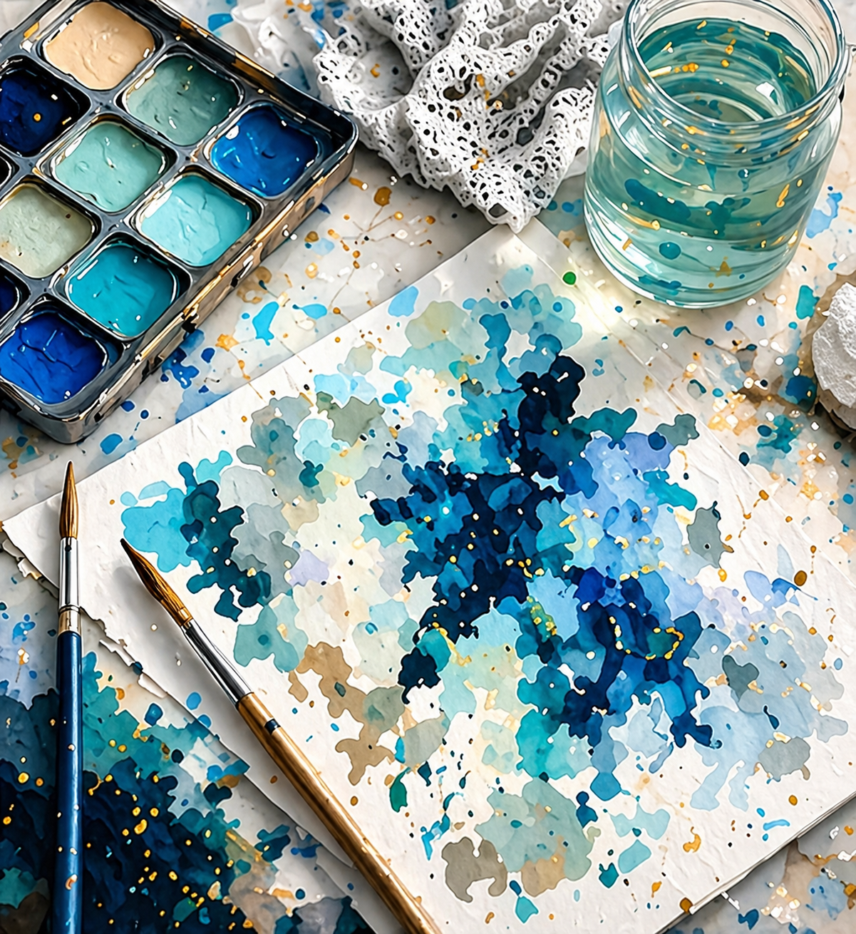 Debra Hart Studio desk gouache paints at journal brushes lace
