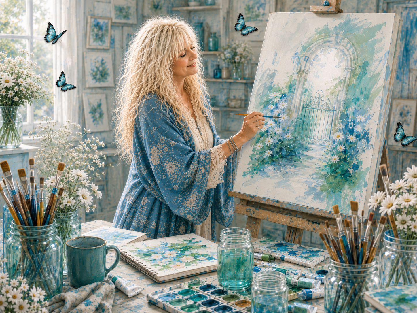 Debra Hart in studio at easel, looking hopeful