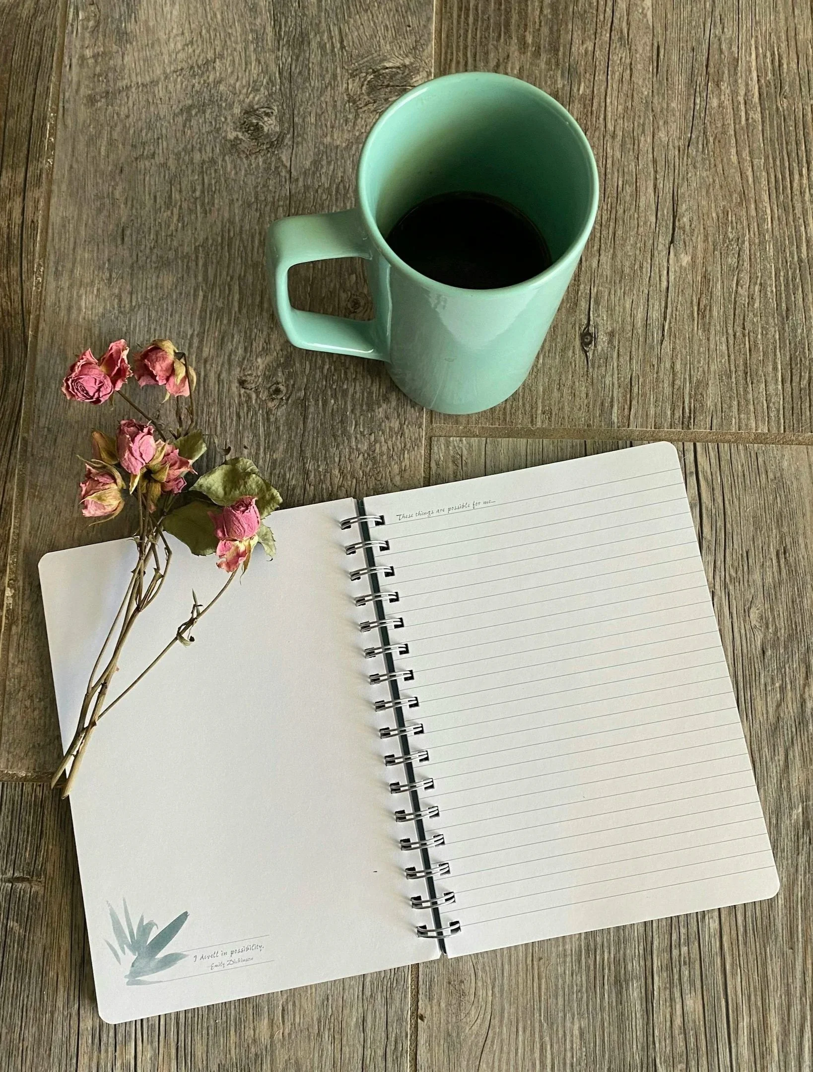 Journal aqua green coffee mug dried roses Debra Hart Studio