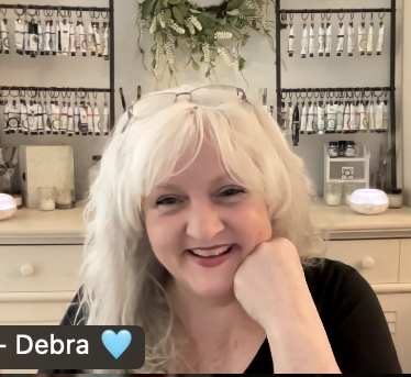 Photo of Debra Hart Studio on Zoom with Art Supplies