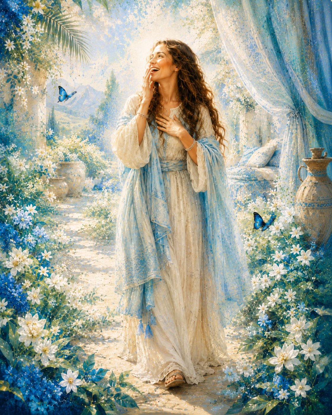 Debra Hart Studio painting of Sarai from Genesis laughing, facing left, in beautiful setting