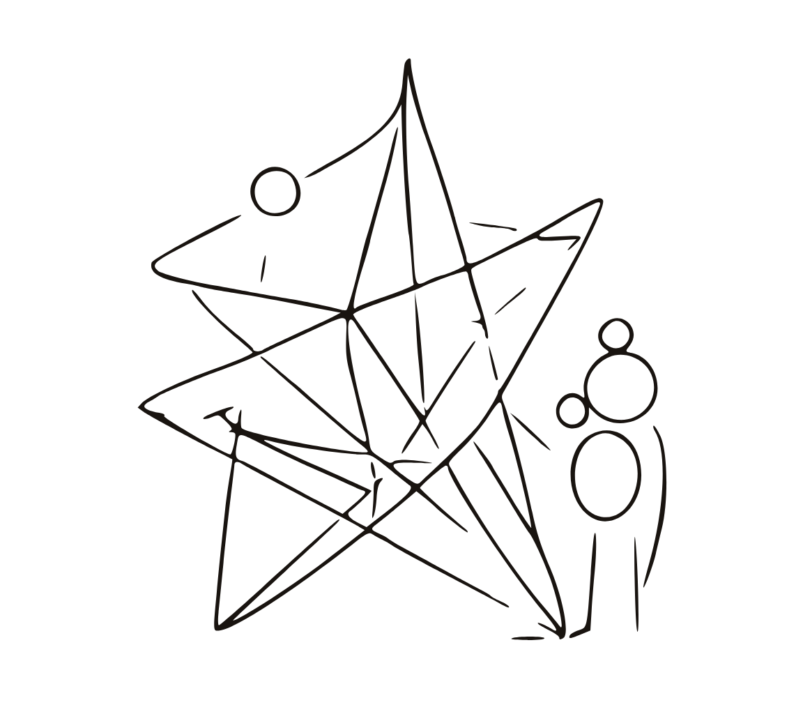 Geometric drawing of an outline square with sections divided by vertical, horizontal, and diagonal lines.