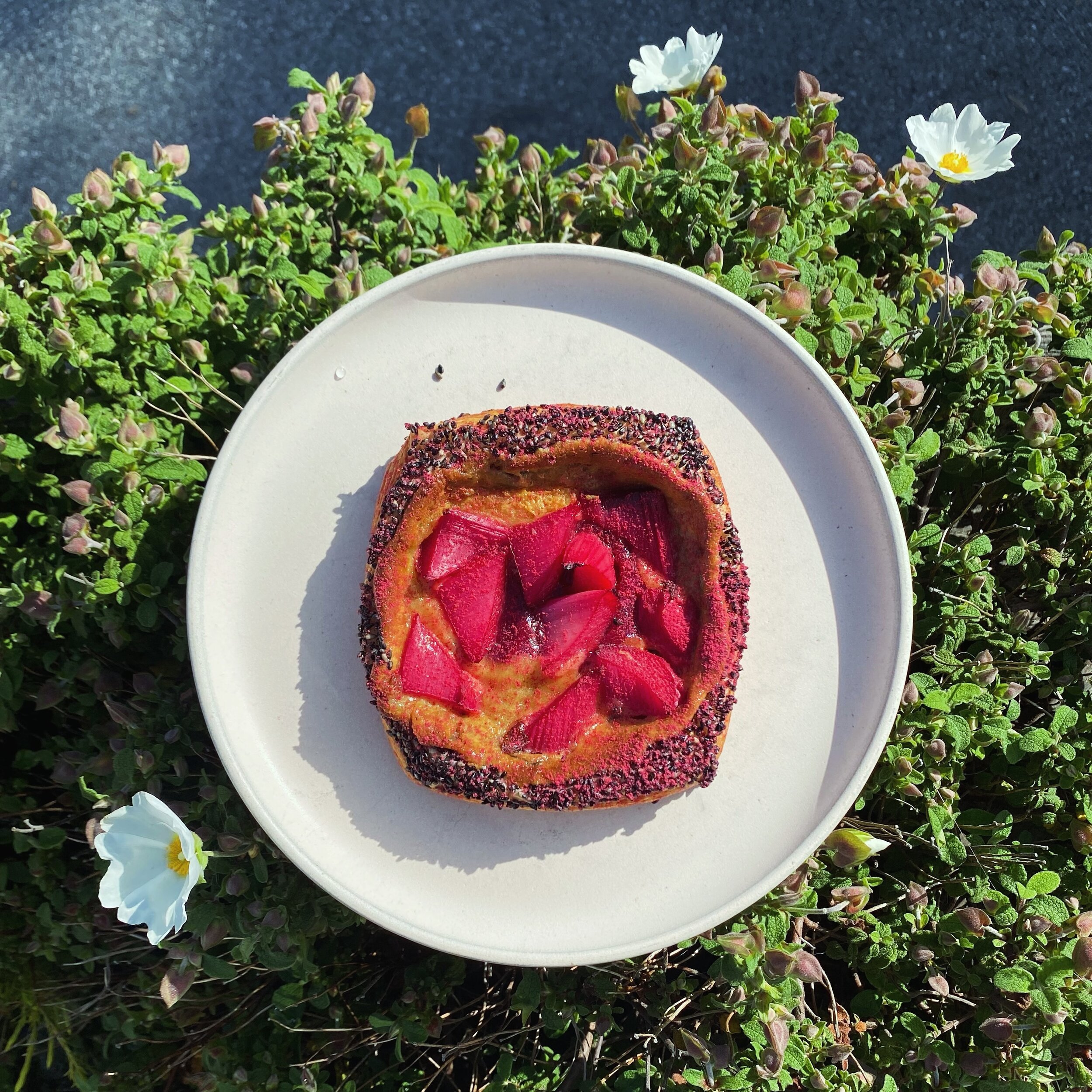 Spring vibes brought to us by lipstick red rhubarb sprinkled on lychee pastry cream, raspberry jam, and @wadaman_goma black sesame crusted danish. 

Did anyone notice it today? Weekend special until the season has nothing left to give. 💋