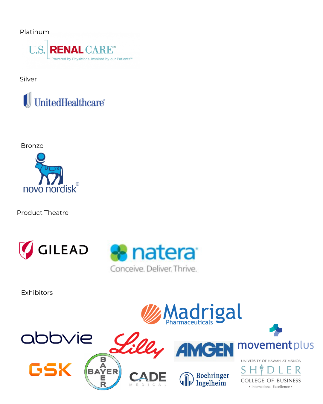 A list of logos from healthcare companies and organizations divided into categories: Platinum, Silver, Bronze, Product Theatre, and Exhibitors.