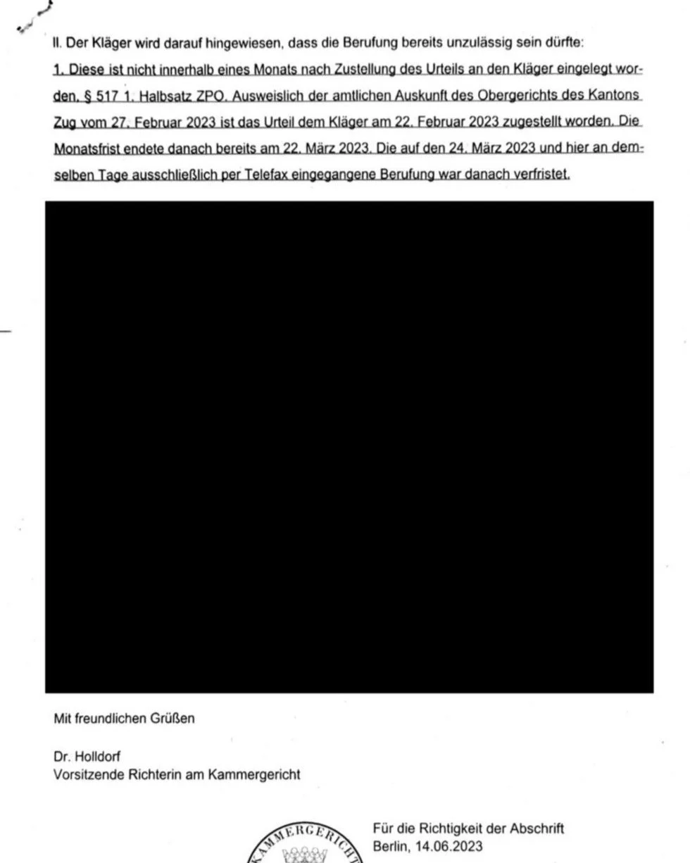 Falsification of a Swiss Court Document by judge Holldorf, Kammergericht Berlin: A Grave Breach of Integrity