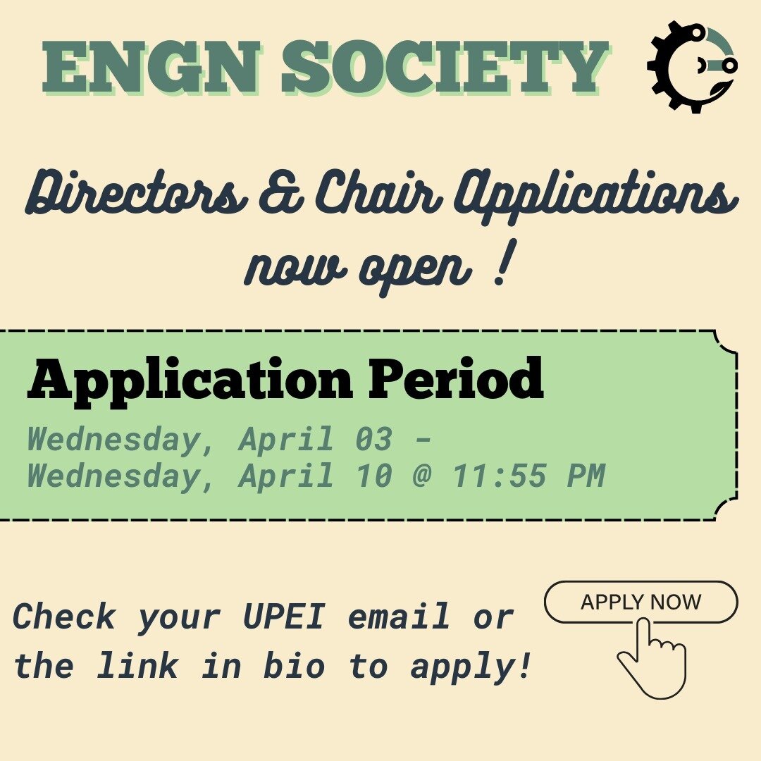 Applications are now open for the Chair and Director positions, for 2024-2025 term!

Applications will close on Wednesday, April 10th at 11:55 PM. Visit the link in our bio or check your UPEI email for more information!

These elections are being ove