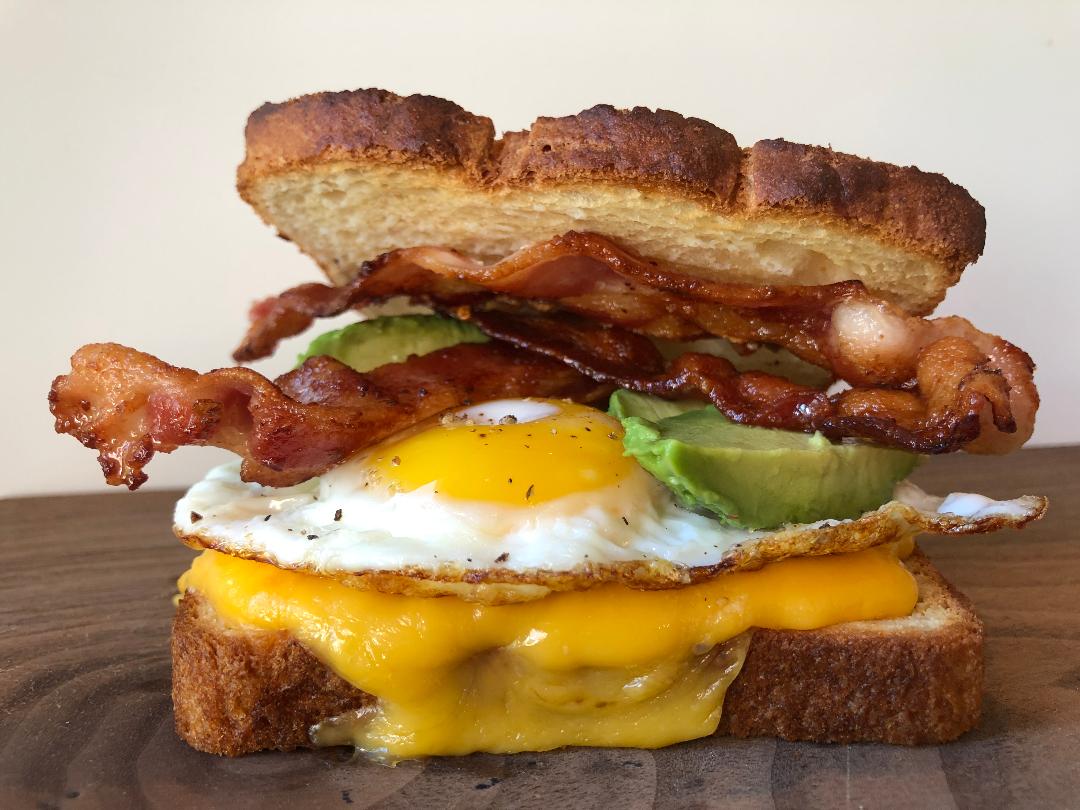 DRM Egg & Cheese Breakfast Sandwich with Bacon & Avocado on Gluten Free Bread