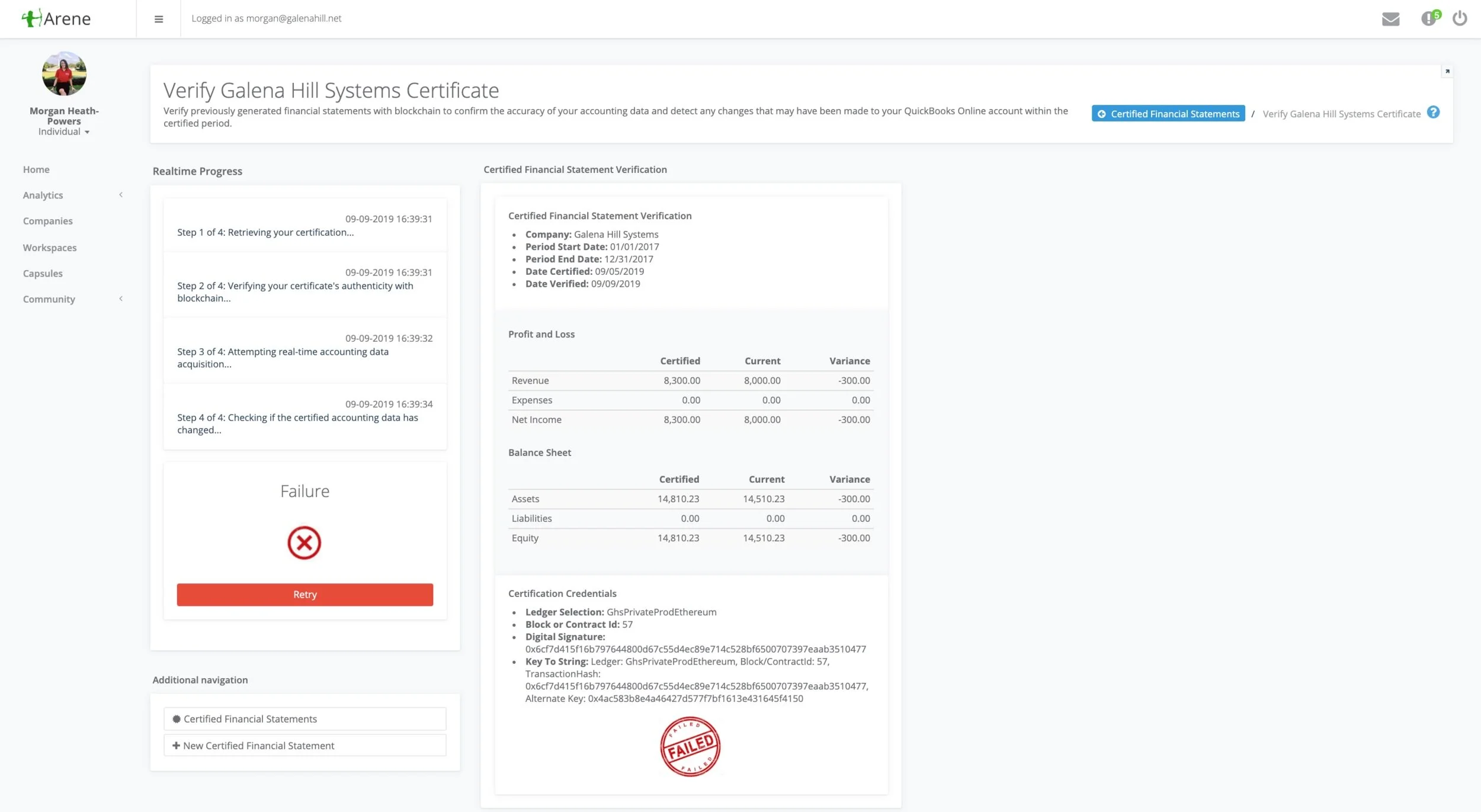 Variance reports (Patent Pending) alert the presenting user of any changes or tampering that may have taken place in the accounting data since the last generation of a certified financial statement regarding that particular period.