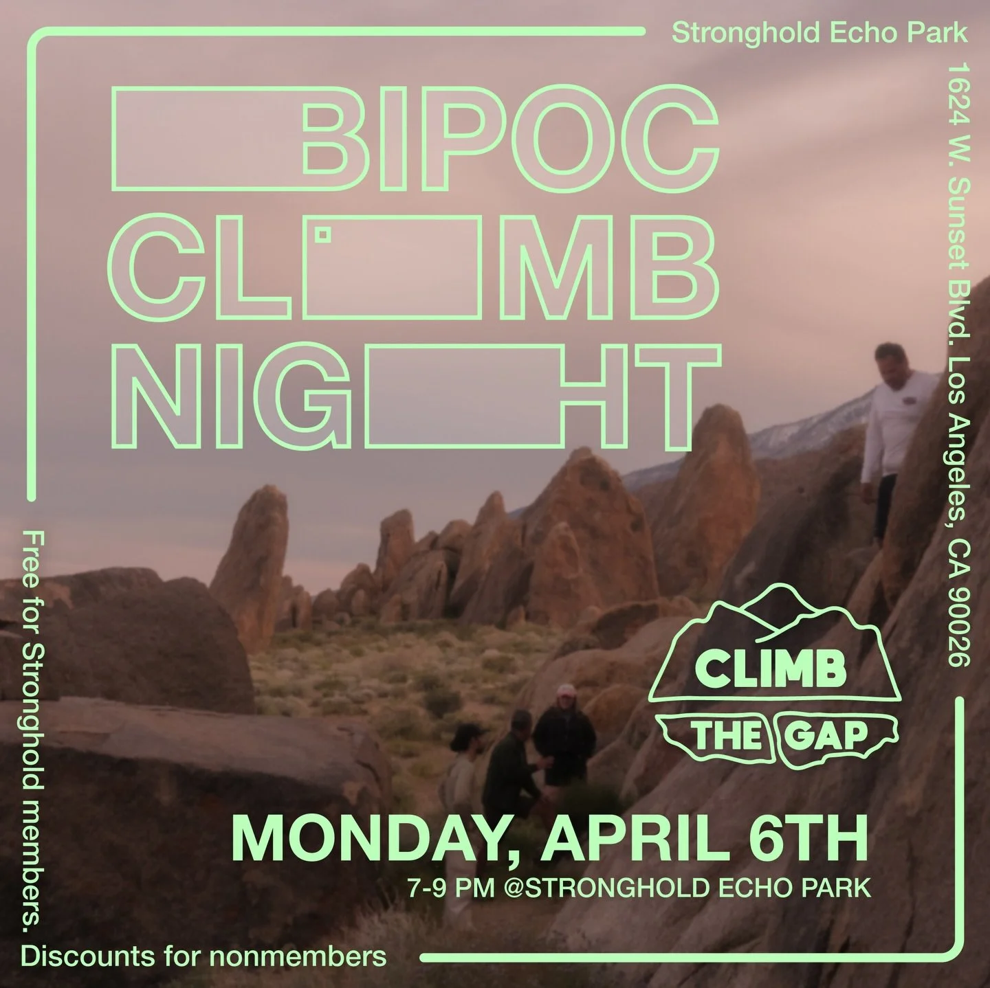 Per usual we didn&rsquo;t forget but we didn&rsquo;t post it earlier. But we are consistent. We got our Monday Night BIPOC Meetup tomorrow. Monday April 6th @strongholdclimb Echo Park, from 7-9pm. Come on down. Touch some fake rocks and meet a few in