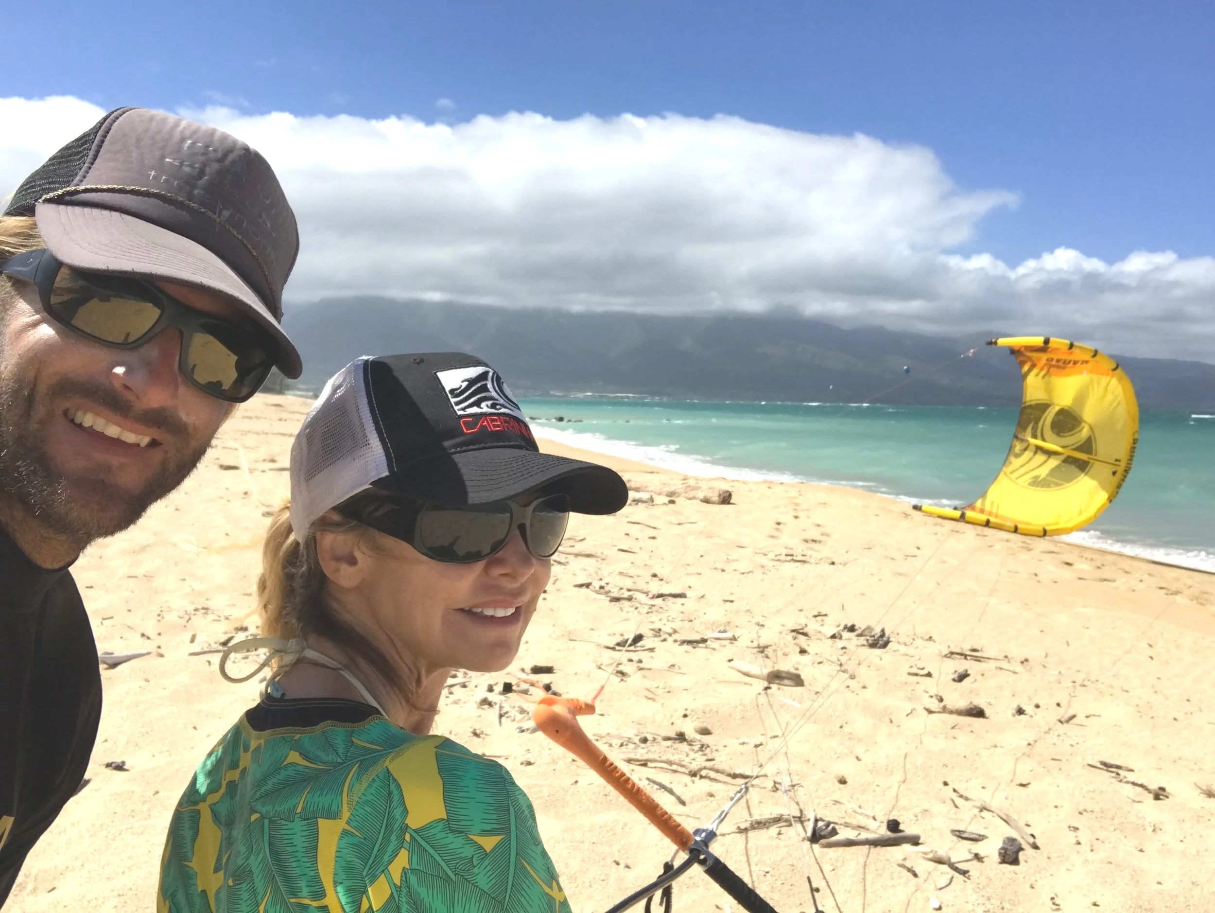 Lisa Cabrinha with instructor Brett Sheerin flying a kite with her name on it. Pete was proud!