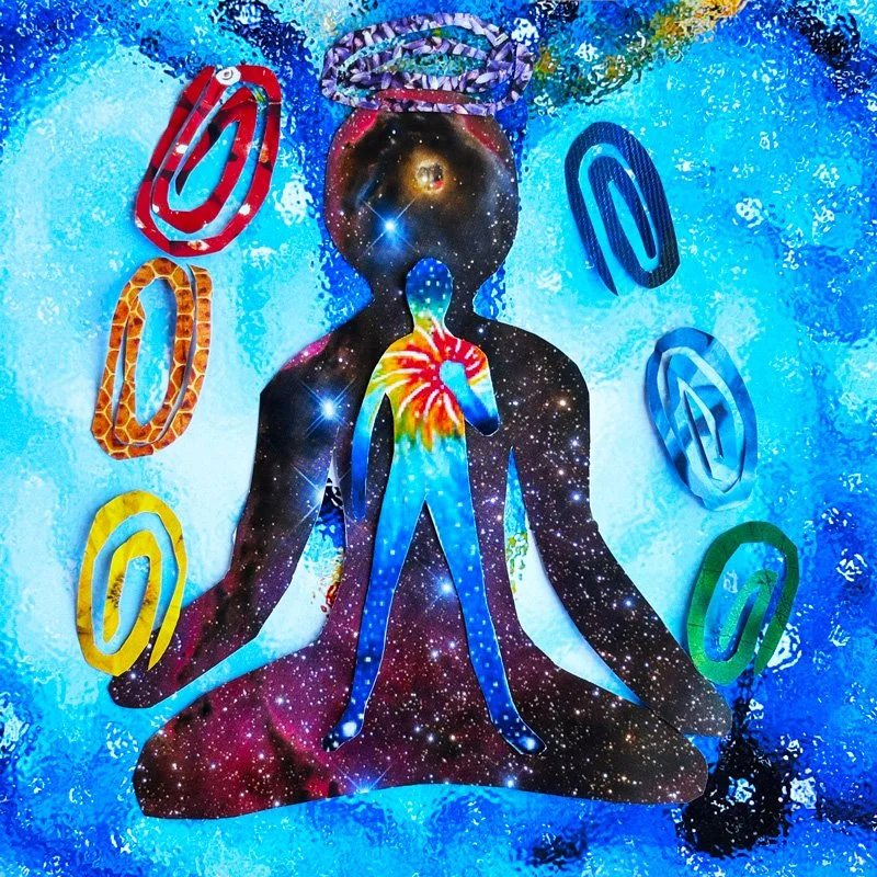 A collage image by helen Sword featuring a bright blue background with a seated yogic figure, with chakra spirals all around.