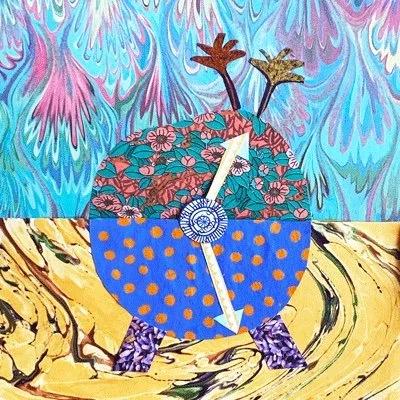 A paper collage by Helen Sword depicting an island and clock