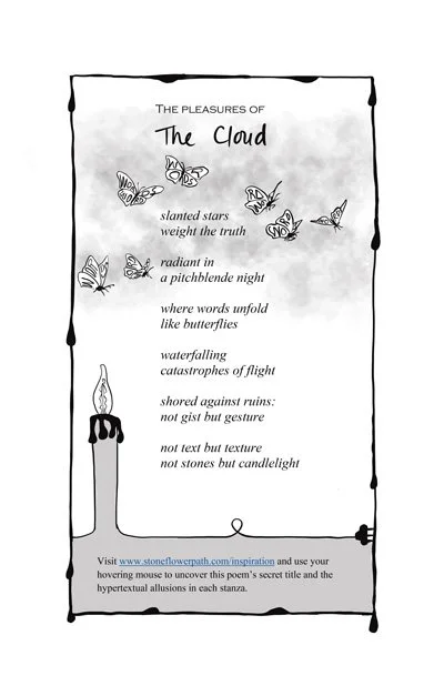 A monochrome image of the poem 'The Cloud' by Helen sword with motifs of butterflies and a candle by Selina Tusitala Marsh