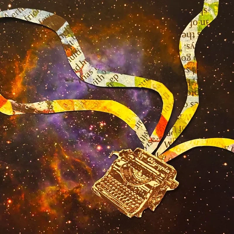 A collage image by Helen Sword depicting a typewriter streaming bright words across a starlit sky