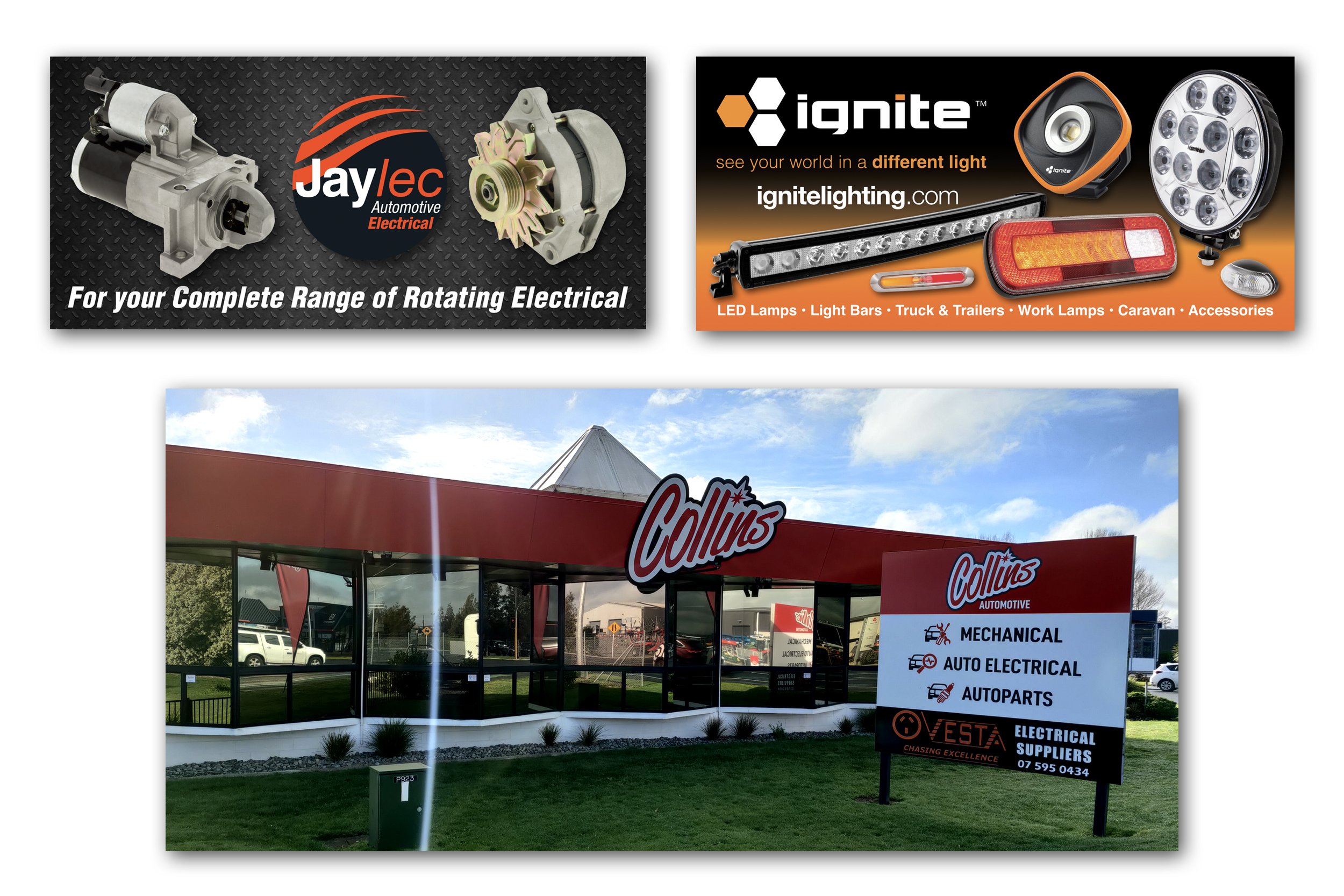 Jaylec & Ignite Shop Window Banners for Collins Auto N.Z.