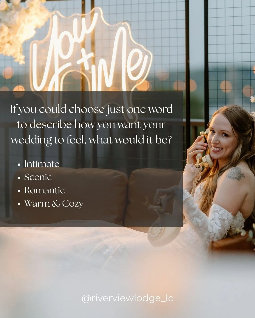 𝙄𝙛 𝙮𝙤𝙪 𝙘𝙤𝙪𝙡𝙙 𝙘𝙝𝙤𝙤𝙨𝙚 𝙟𝙪𝙨𝙩 𝙤𝙣𝙚 𝙬𝙤𝙧𝙙 𝙩𝙤 𝙙𝙚𝙨𝙘𝙧𝙞𝙗𝙚 𝙝𝙤𝙬 𝙮𝙤𝙪 𝙬𝙖𝙣𝙩 𝙮𝙤𝙪𝙧 𝙬𝙚𝙙𝙙𝙞𝙣𝙜 𝙩𝙤 𝙛𝙚𝙚𝙡, 𝙬𝙝𝙖𝙩 𝙬𝙤𝙪𝙡𝙙 𝙞𝙩 𝙗𝙚?

Intimate?
Scenic?
Romantic?
Warm &amp; Cozy ?

Drop it below. 💛

Curious