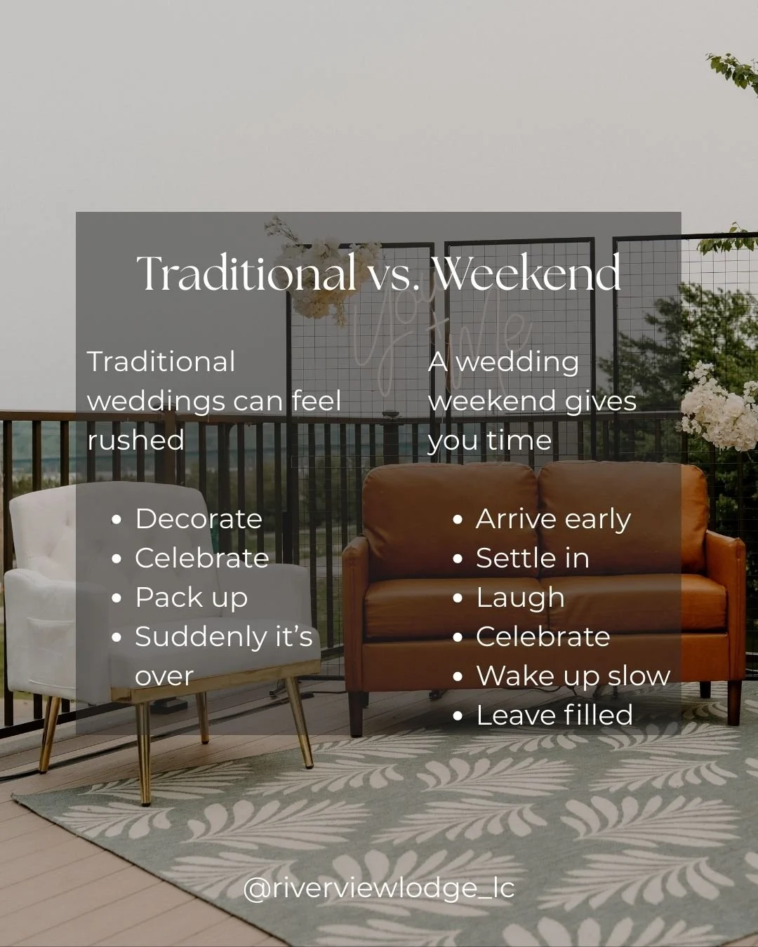 ✨ 𝙏𝙧𝙖𝙙𝙞𝙩𝙞𝙤𝙣𝙖𝙡 𝙫𝙨. 𝙒𝙚𝙚𝙠𝙚𝙣𝙙 ✨

Traditional weddings can feel rushed.
Decorate. Celebrate. Pack up&hellip; and suddenly it&rsquo;s over.

A wedding weekend gives you time.
Arrive early. Settle in. Laugh. Celebrate. Wake up slow. Leav